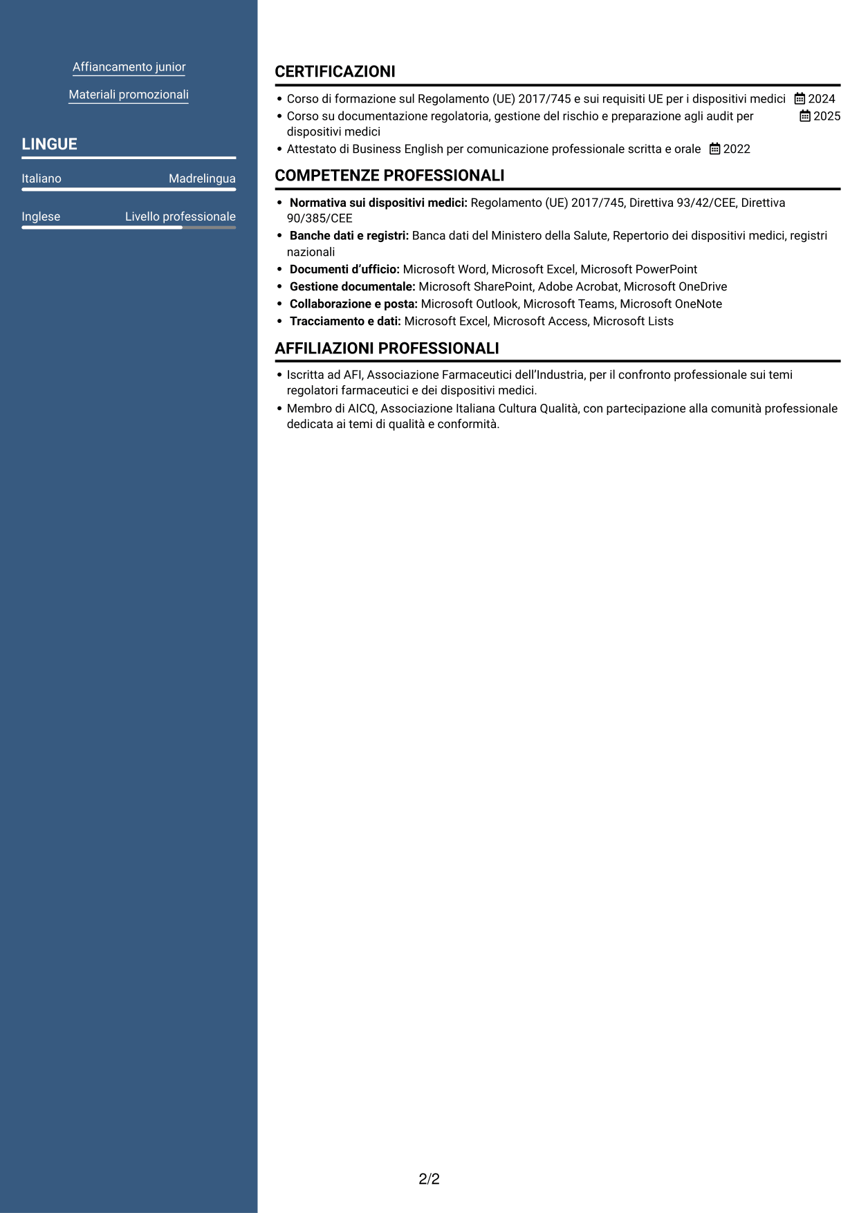 CV Signature (formato con colonna laterale colorata e foto grande): Senior Specialista Regulatory Affairs - Dispositivi Medici, pagina 2