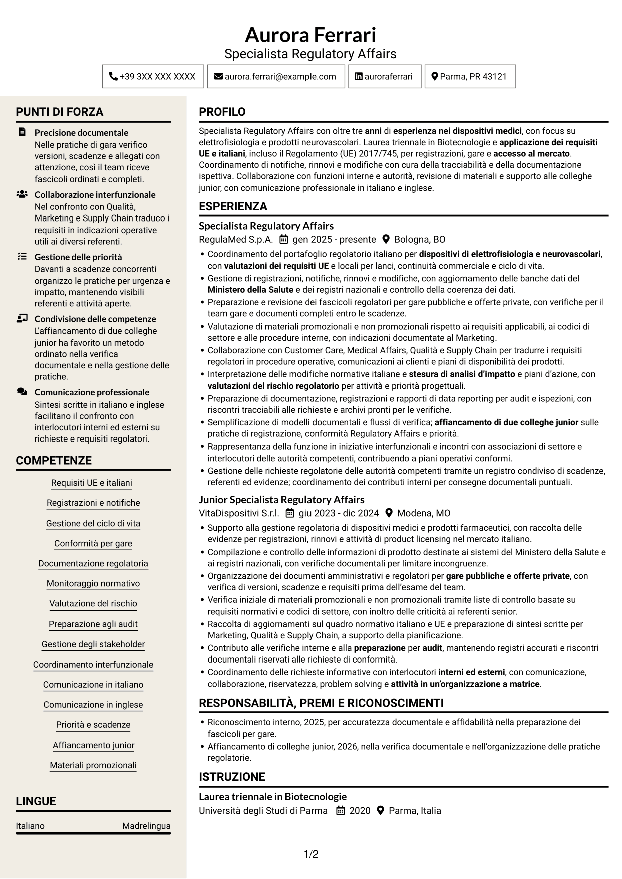 CV Intraprendente (formato a due colonne con intestazione centrata senza foto): Senior Specialista Regulatory Affairs - Dispositivi Medici, pagina 1