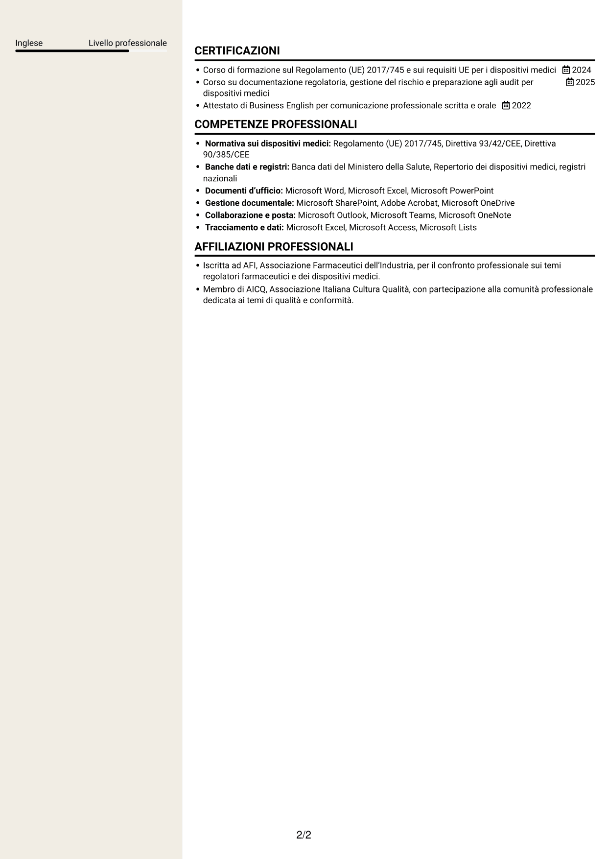 CV Intraprendente (formato a due colonne con intestazione centrata senza foto): Senior Specialista Regulatory Affairs - Dispositivi Medici, pagina 2