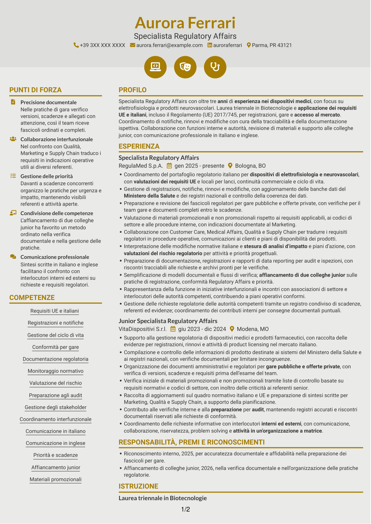 CV Dinamico (formato a due colonne con icone): Senior Specialista Regulatory Affairs - Dispositivi Medici, pagina 1