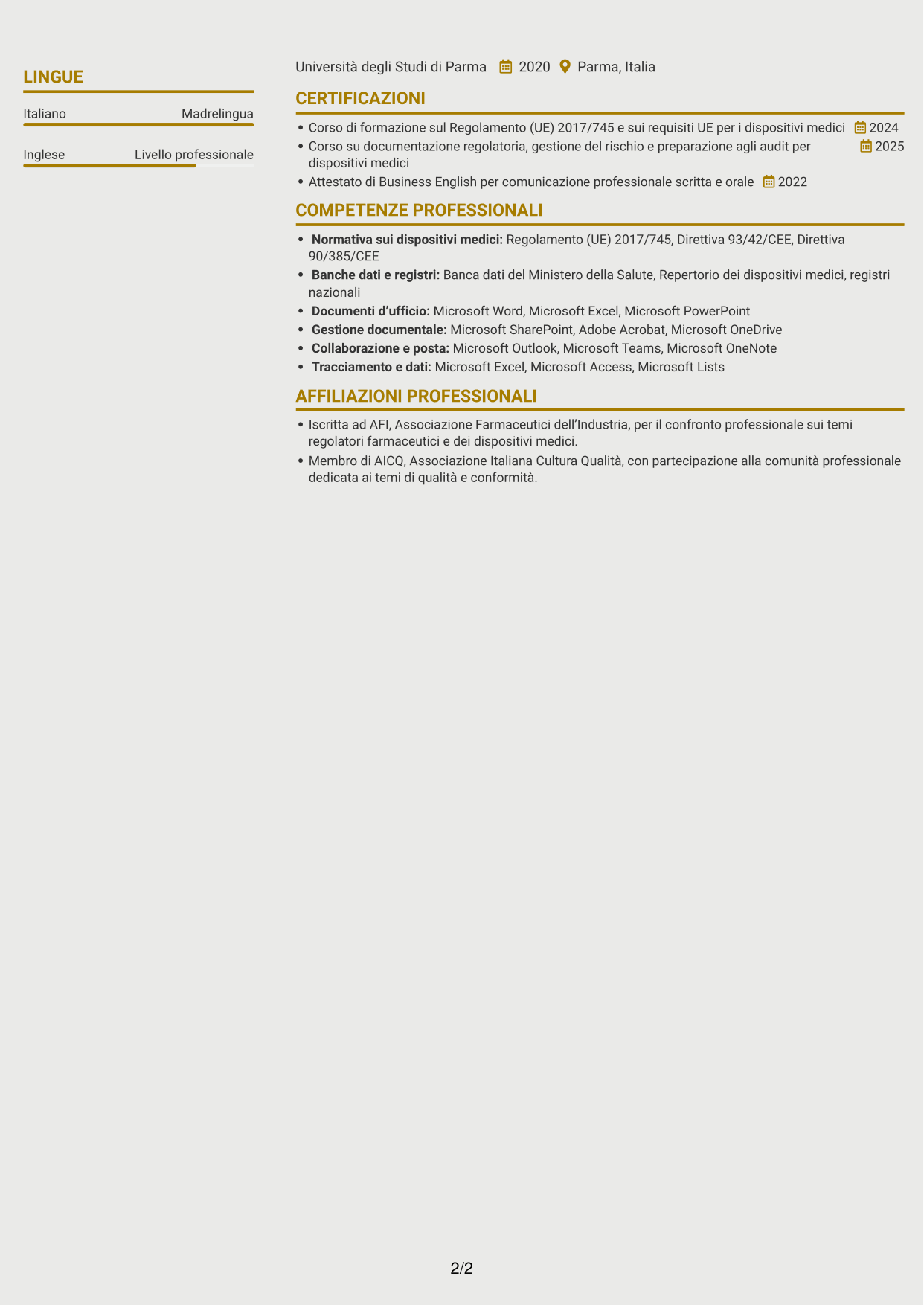 CV Dinamico (formato a due colonne con icone): Senior Specialista Regulatory Affairs - Dispositivi Medici, pagina 2