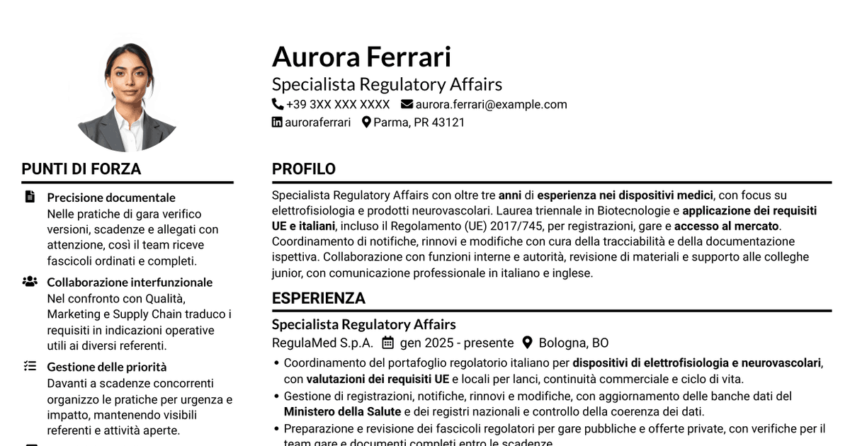 7 modelli di CV per Senior Specialista Regulatory Affairs - Dispositivi Medici, con esempi