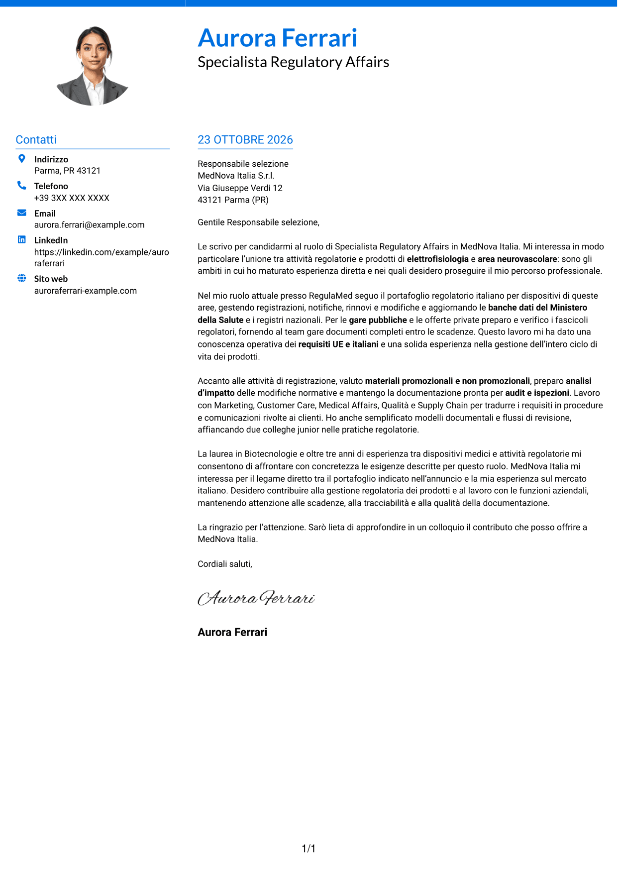 Lettera di presentazione Audace (formato a due colonne con accenti colorati e foto): Senior Specialista Regulatory Affairs - Dispositivi Medici, pagina 1