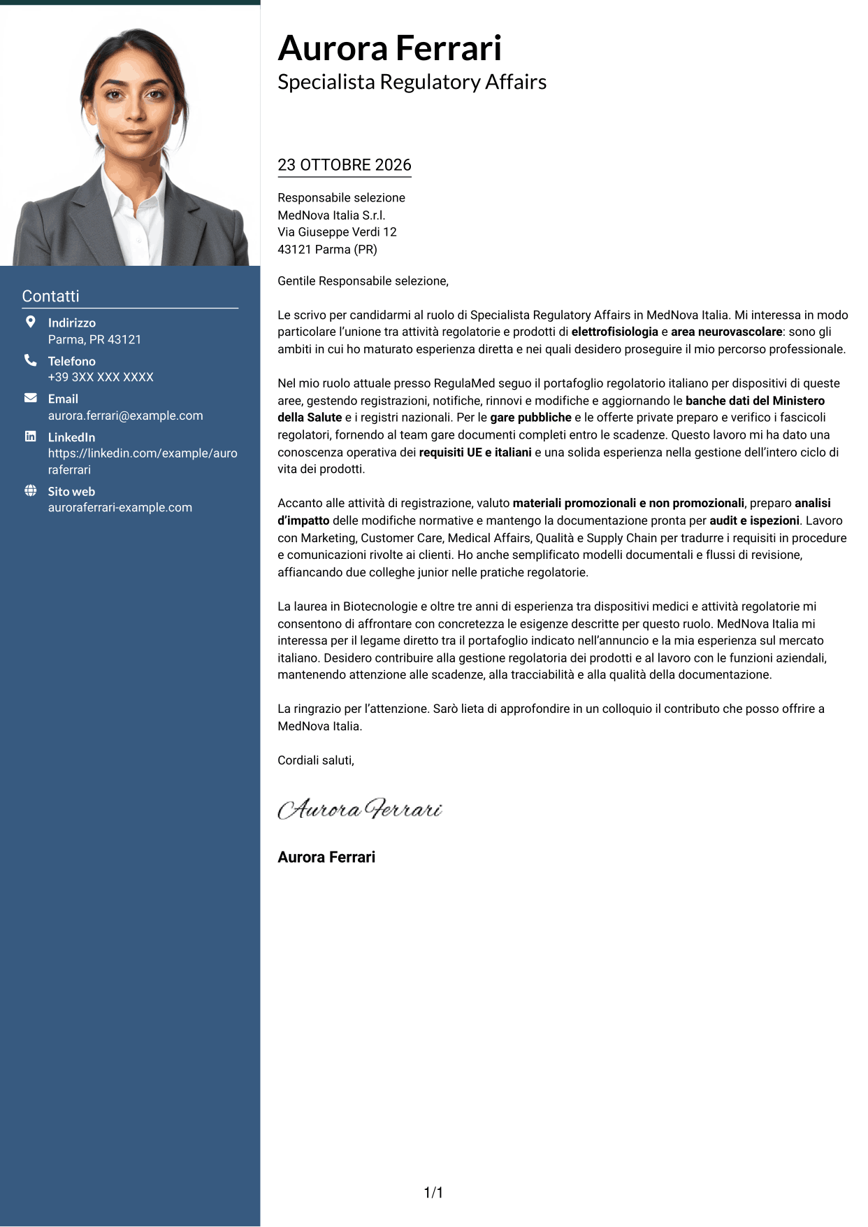 Lettera di presentazione Signature (formato con colonna laterale colorata e foto grande): Senior Specialista Regulatory Affairs - Dispositivi Medici, pagina 1