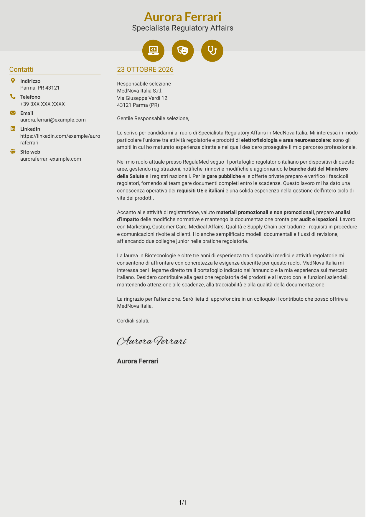 Lettera di presentazione Dinamico (formato a due colonne con icone): Senior Specialista Regulatory Affairs - Dispositivi Medici, pagina 1