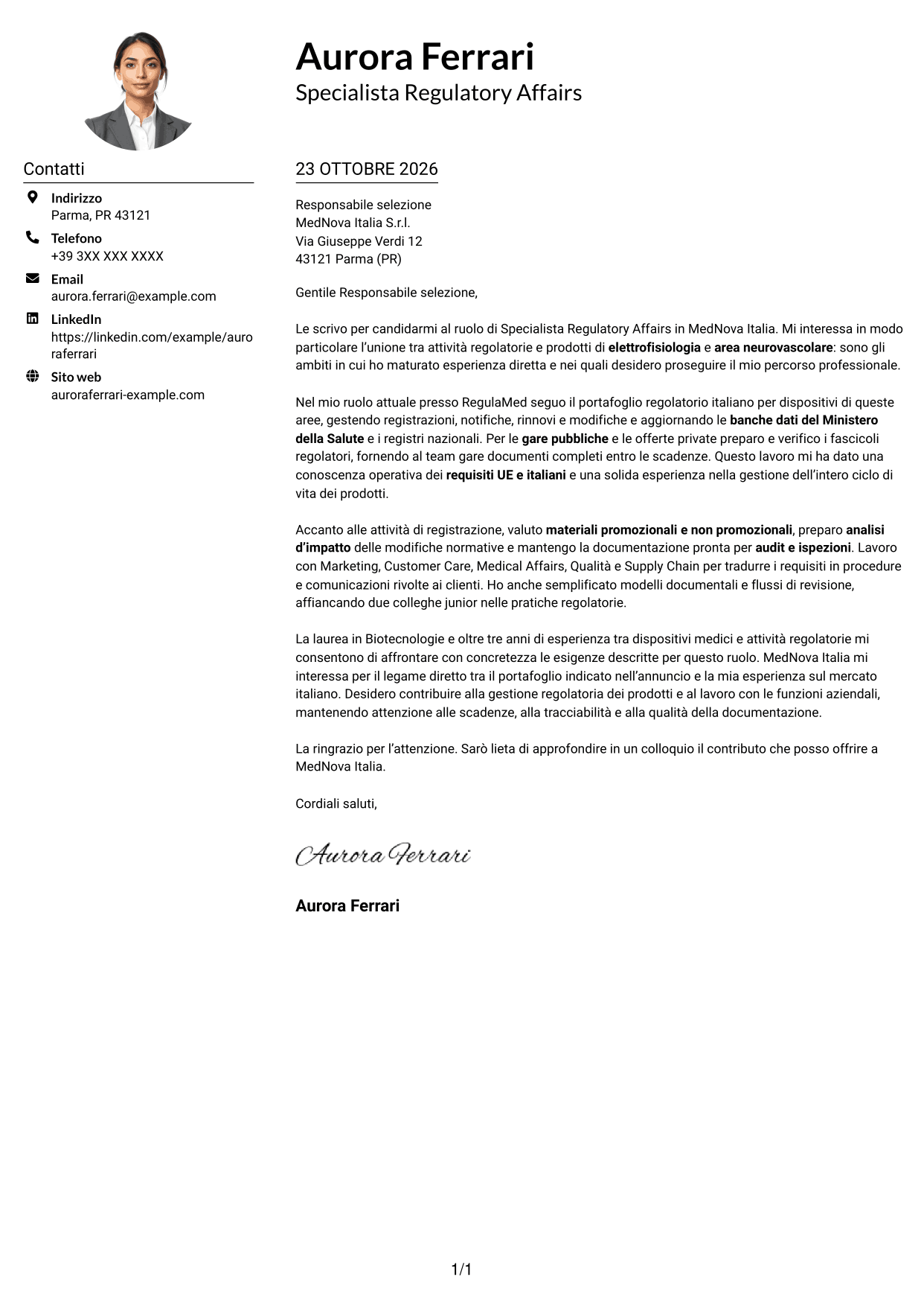 Esempio di lettera di presentazione — pagina 1
