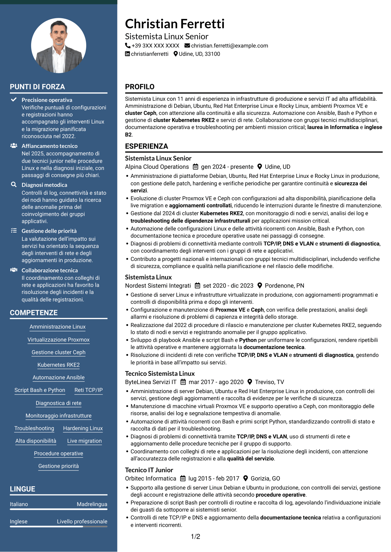 CV Elegante (formato con colonna laterale colorata e foto): Sistemista Linux - Virtualizzazione e Kubernetes, pagina 1