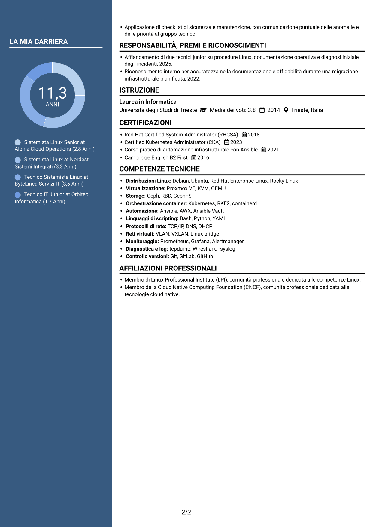 CV Elegante (formato con colonna laterale colorata e foto): Sistemista Linux - Virtualizzazione e Kubernetes, pagina 2