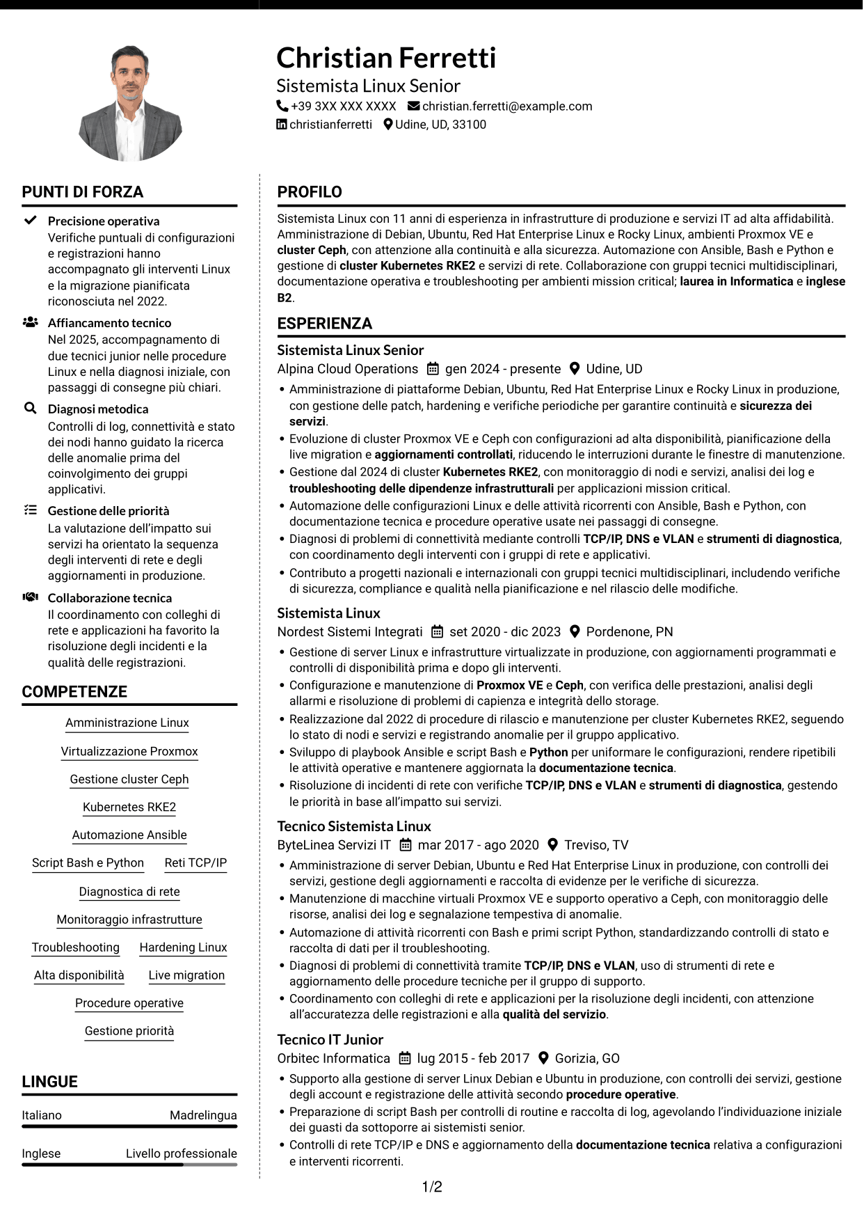 CV Moderno (formato a due colonne con foto a sinistra e separatore): Sistemista Linux - Virtualizzazione e Kubernetes, pagina 1