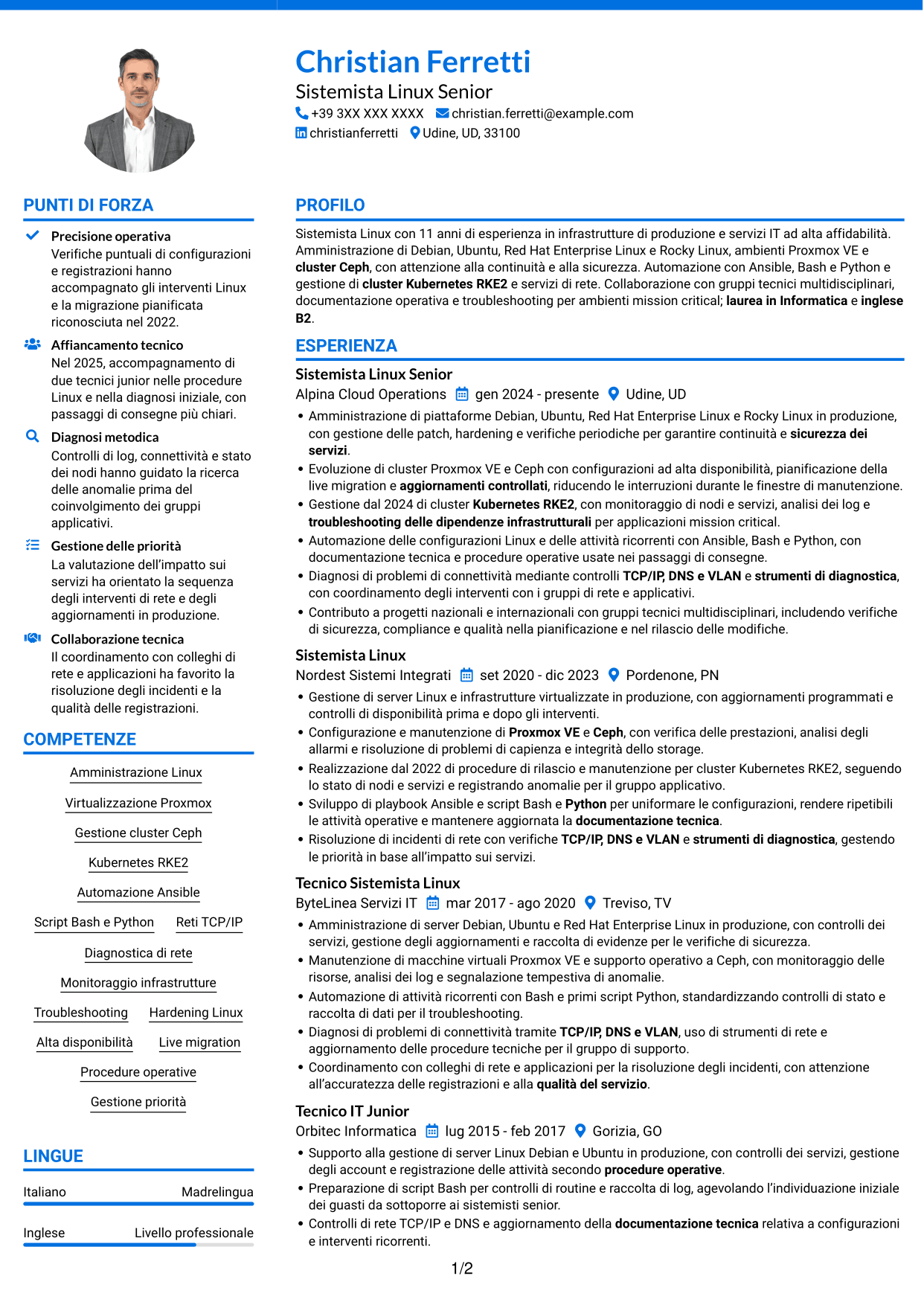 CV Audace (formato a due colonne con accenti colorati e foto): Sistemista Linux - Virtualizzazione e Kubernetes, pagina 1