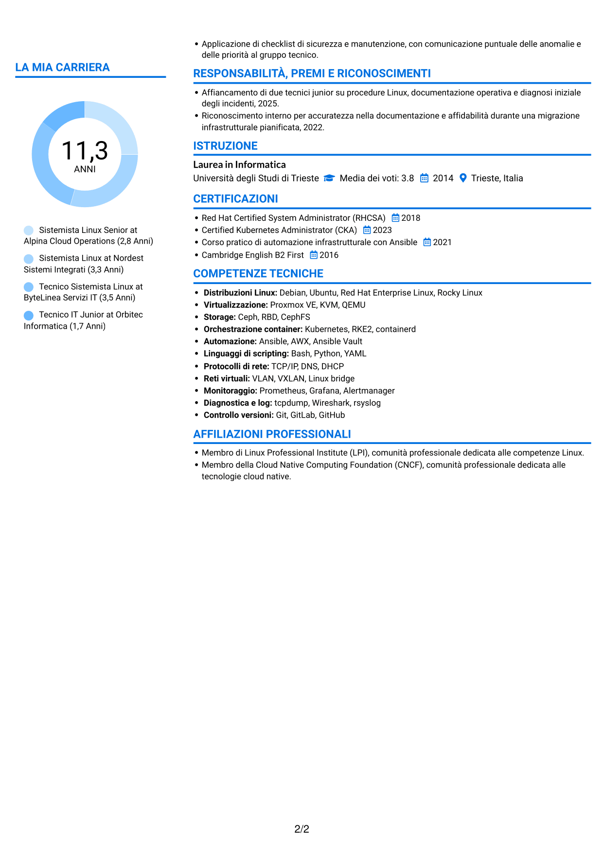 CV Audace (formato a due colonne con accenti colorati e foto): Sistemista Linux - Virtualizzazione e Kubernetes, pagina 2