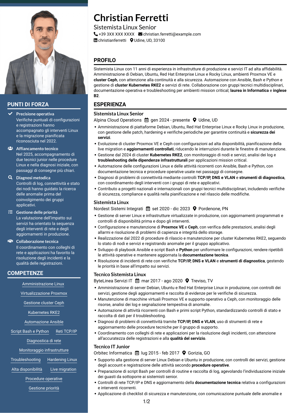 CV Signature (formato con colonna laterale colorata e foto grande): Sistemista Linux - Virtualizzazione e Kubernetes, pagina 1