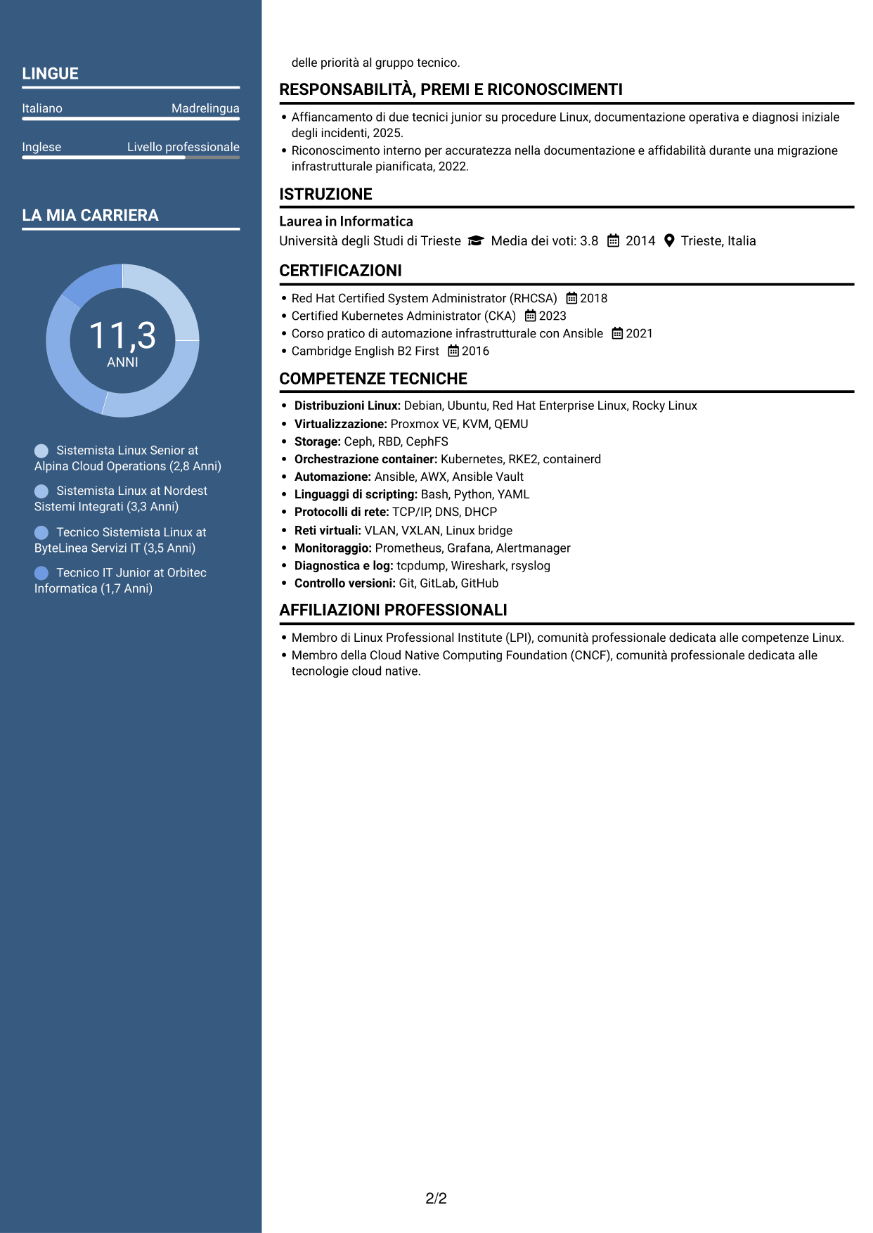 CV Signature (formato con colonna laterale colorata e foto grande): Sistemista Linux - Virtualizzazione e Kubernetes, pagina 2
