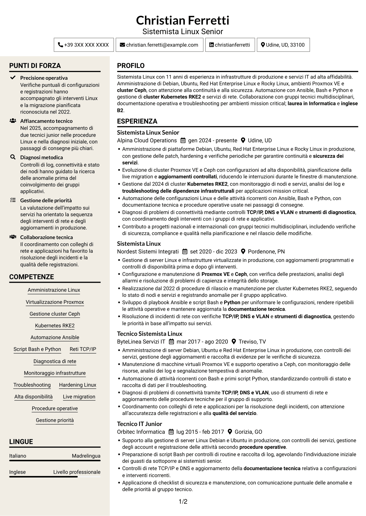 CV Intraprendente (formato a due colonne con intestazione centrata senza foto): Sistemista Linux - Virtualizzazione e Kubernetes, pagina 1