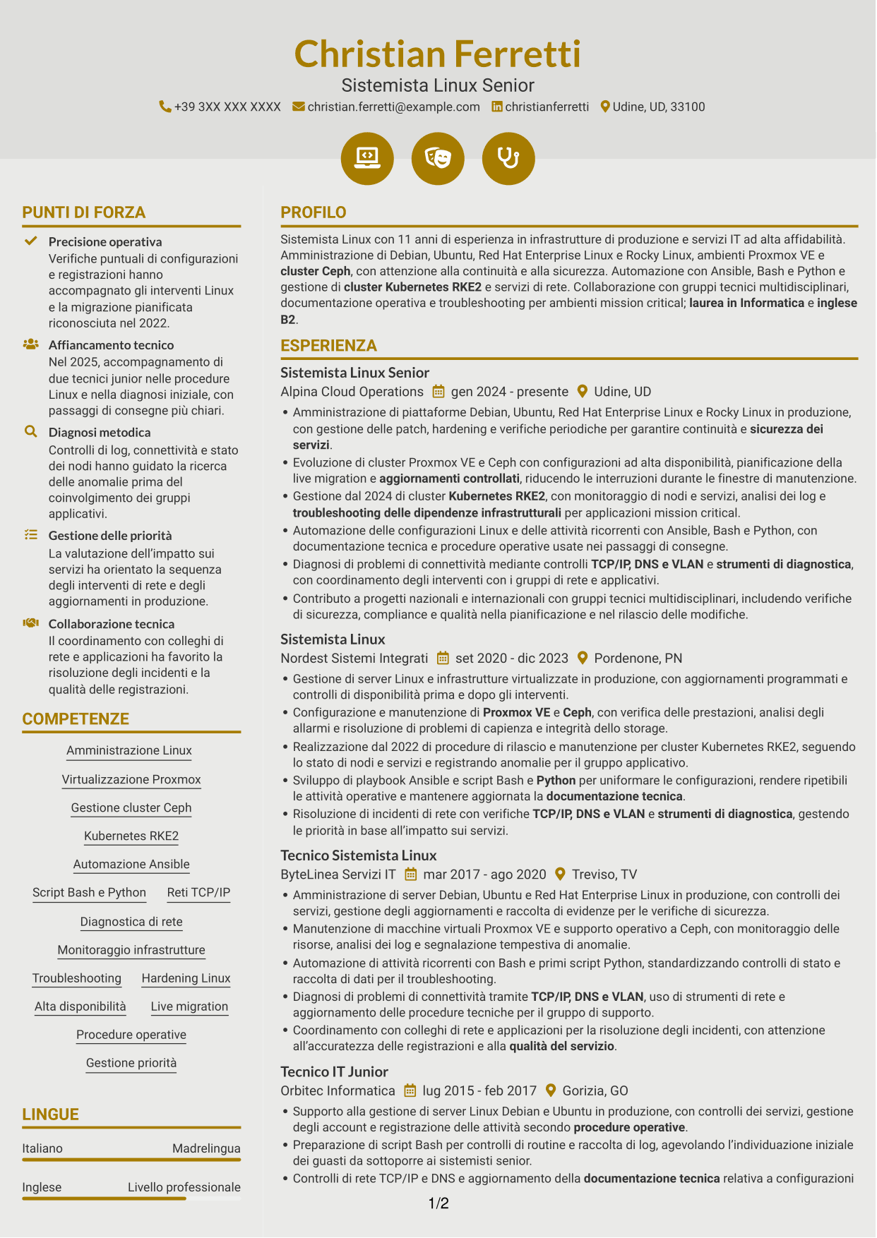 CV Dinamico (formato a due colonne con icone): Sistemista Linux - Virtualizzazione e Kubernetes, pagina 1