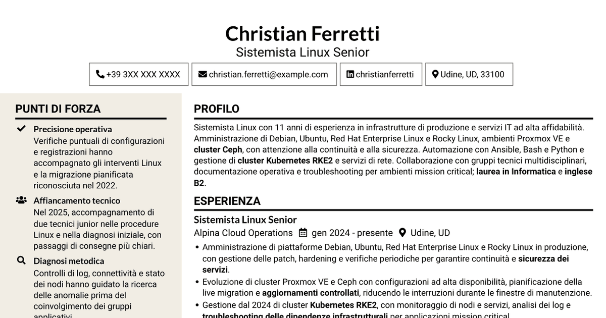 7 modelli di CV per Sistemista Linux - Virtualizzazione e Kubernetes, con esempi