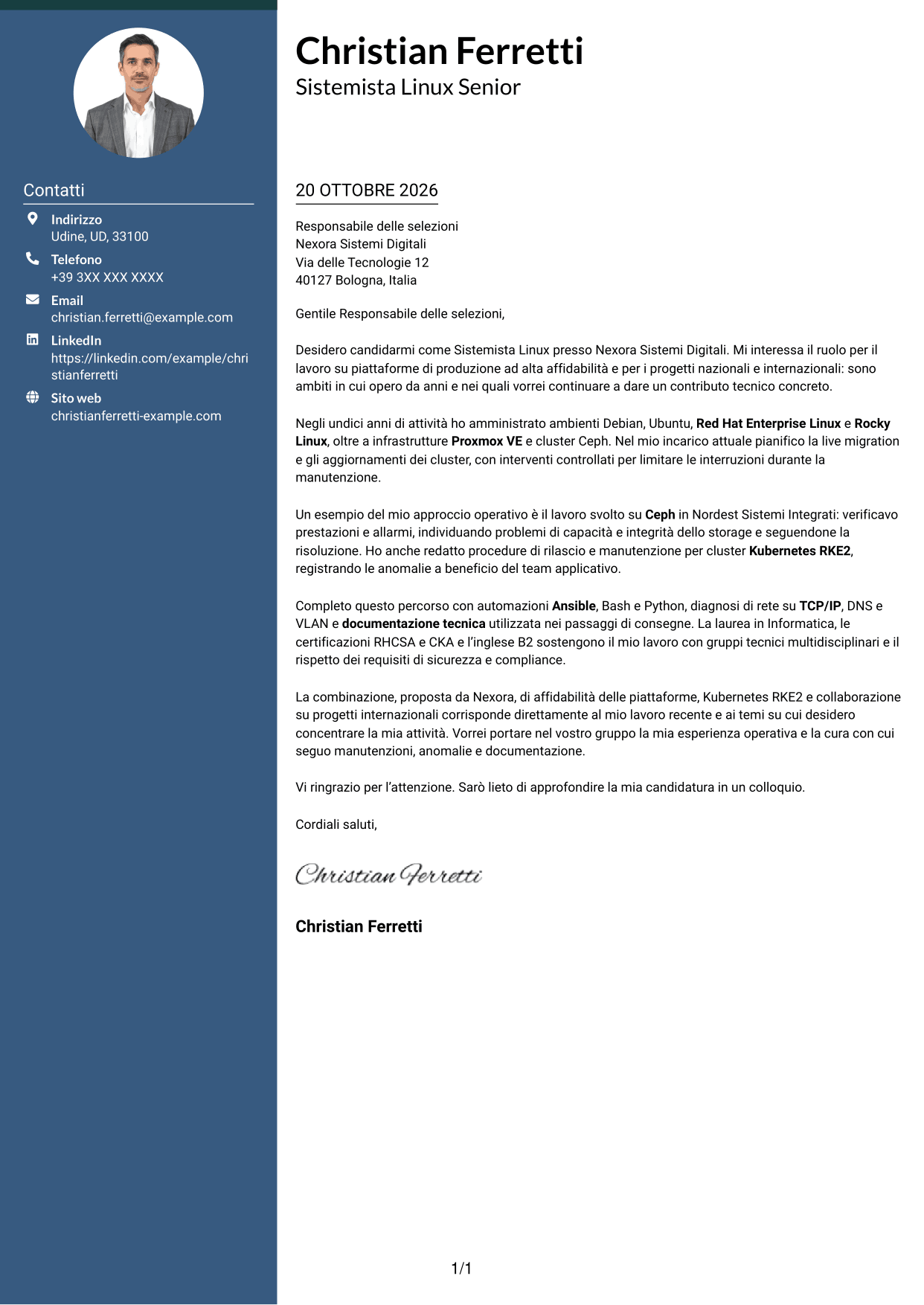 Lettera di presentazione Elegante (formato con colonna laterale colorata e foto): Sistemista Linux - Virtualizzazione e Kubernetes, pagina 1