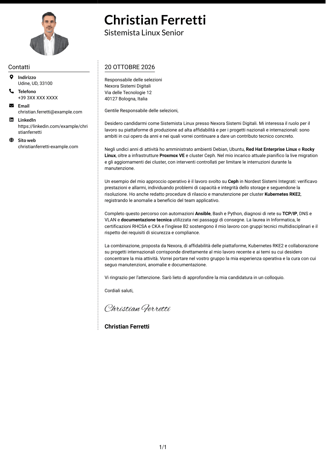 Lettera di presentazione Moderno (formato a due colonne con foto a sinistra e separatore): Sistemista Linux - Virtualizzazione e Kubernetes, pagina 1