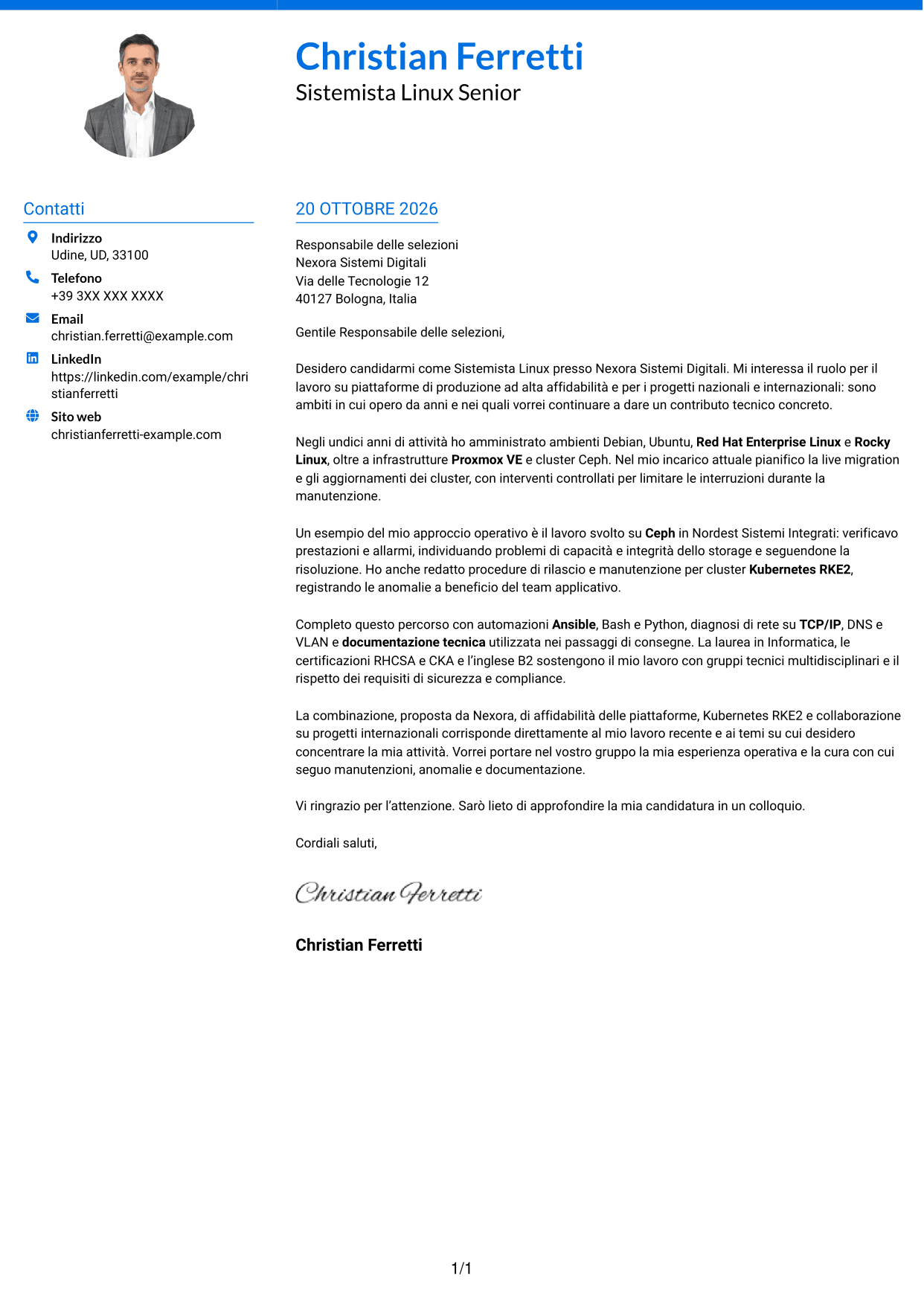Lettera di presentazione Audace (formato a due colonne con accenti colorati e foto): Sistemista Linux - Virtualizzazione e Kubernetes, pagina 1