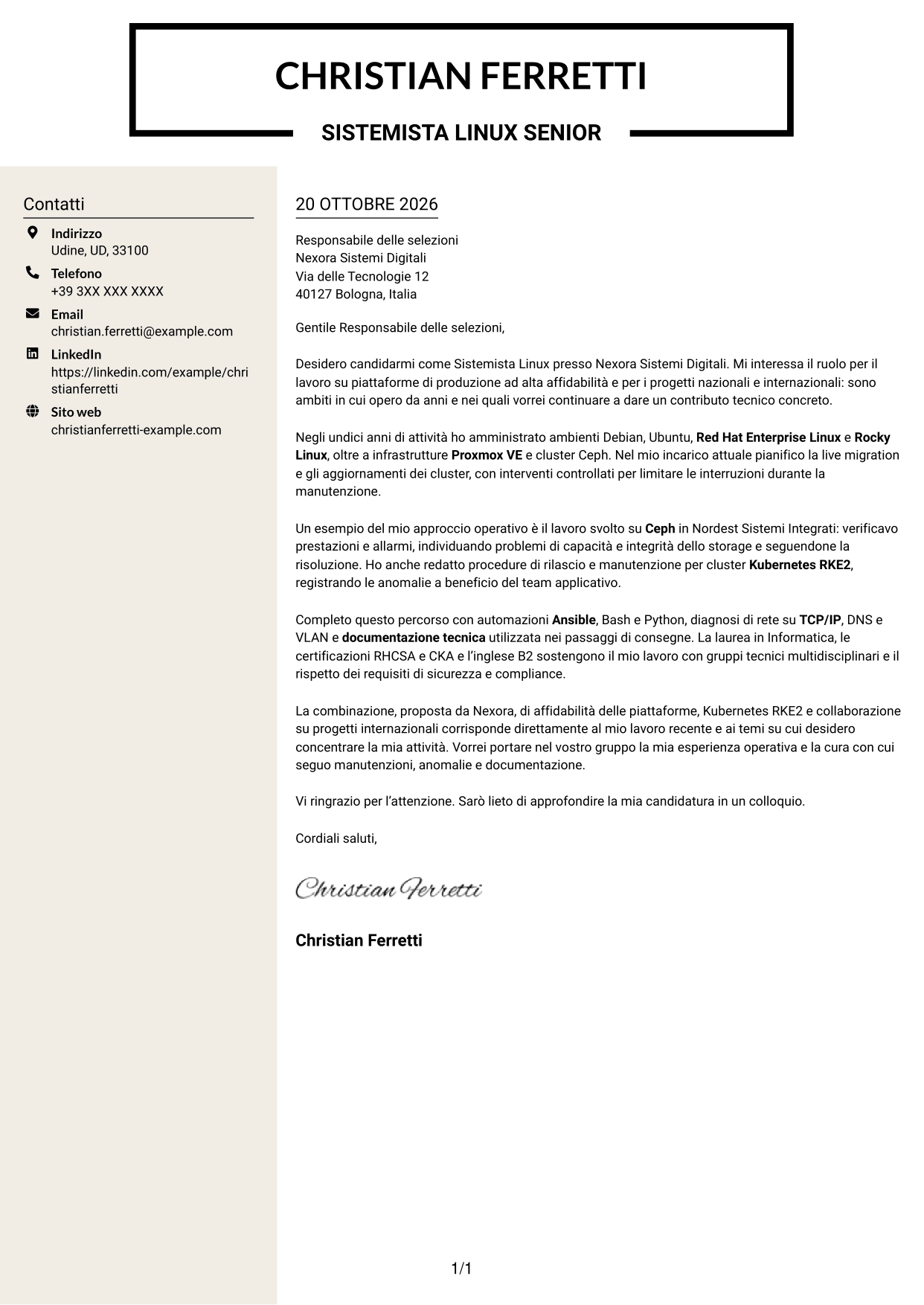 Lettera di presentazione Intraprendente (formato a due colonne con intestazione centrata senza foto): Sistemista Linux - Virtualizzazione e Kubernetes, pagina 1