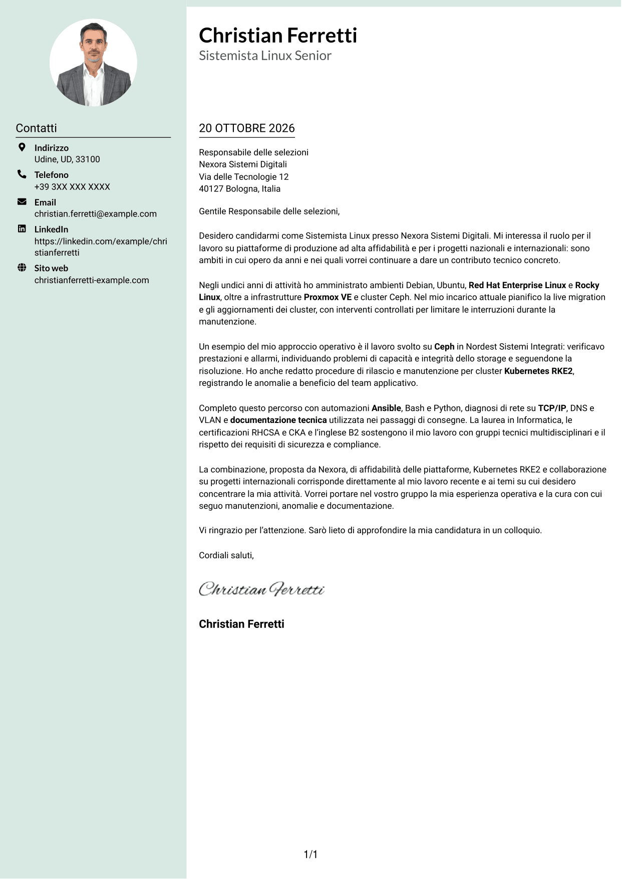 Lettera di presentazione Dirigente (formato con colonna laterale tenue e foto arrotondata): Sistemista Linux - Virtualizzazione e Kubernetes, pagina 1