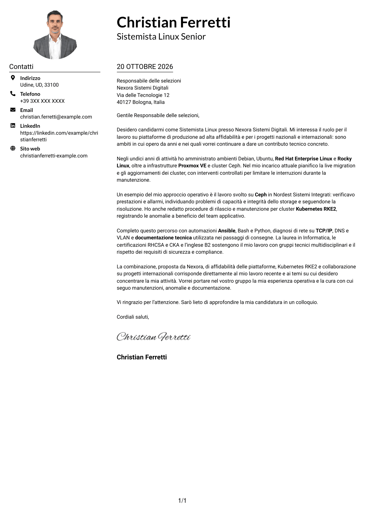 Esempio di lettera di presentazione — pagina 1