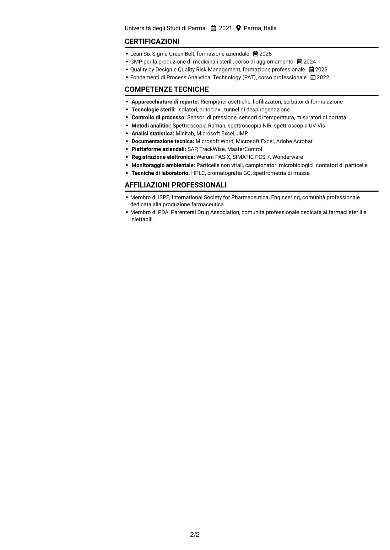 CV Compatto (formato sobrio a due colonne con foto): SME di processo - Drug Product sterile e biotech, pagina 2