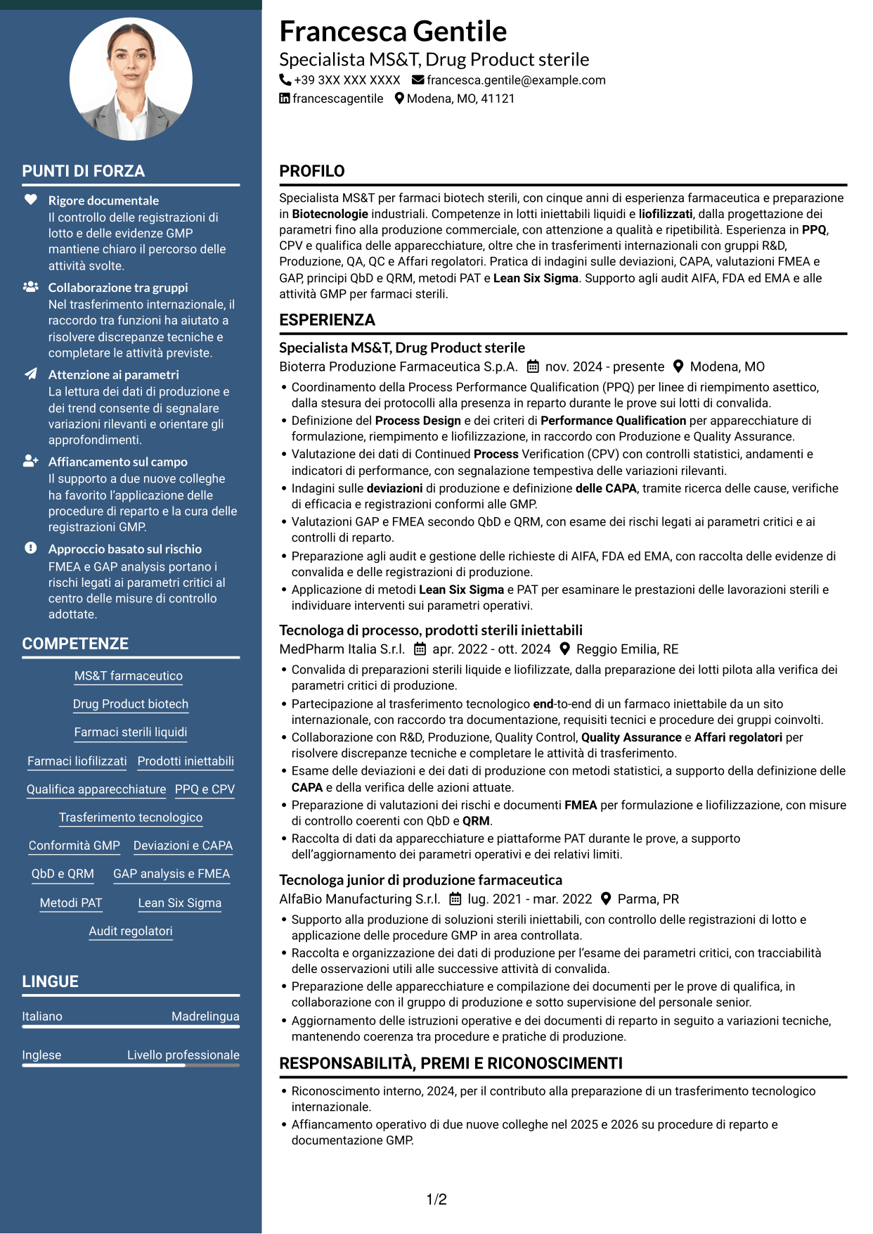 CV Elegante (formato con colonna laterale colorata e foto): SME di processo - Drug Product sterile e biotech, pagina 1