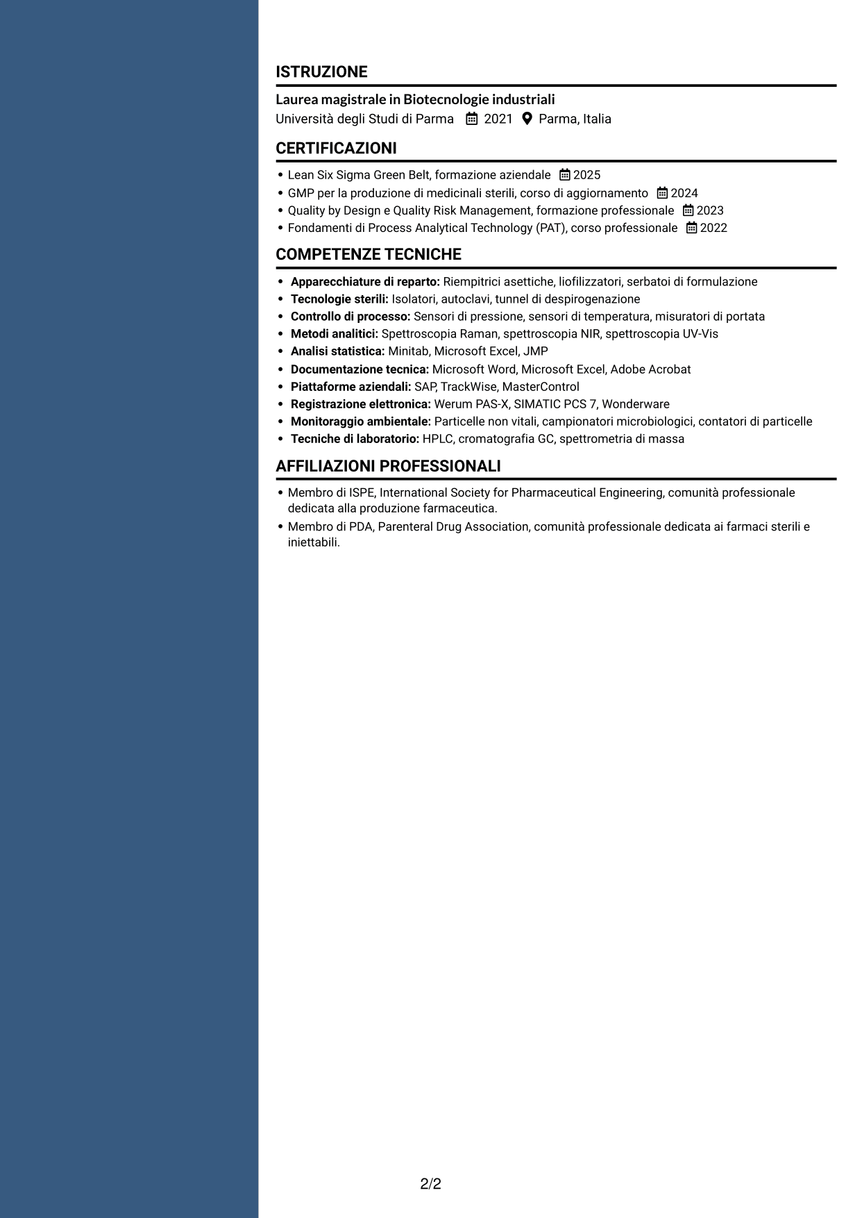CV Elegante (formato con colonna laterale colorata e foto): SME di processo - Drug Product sterile e biotech, pagina 2