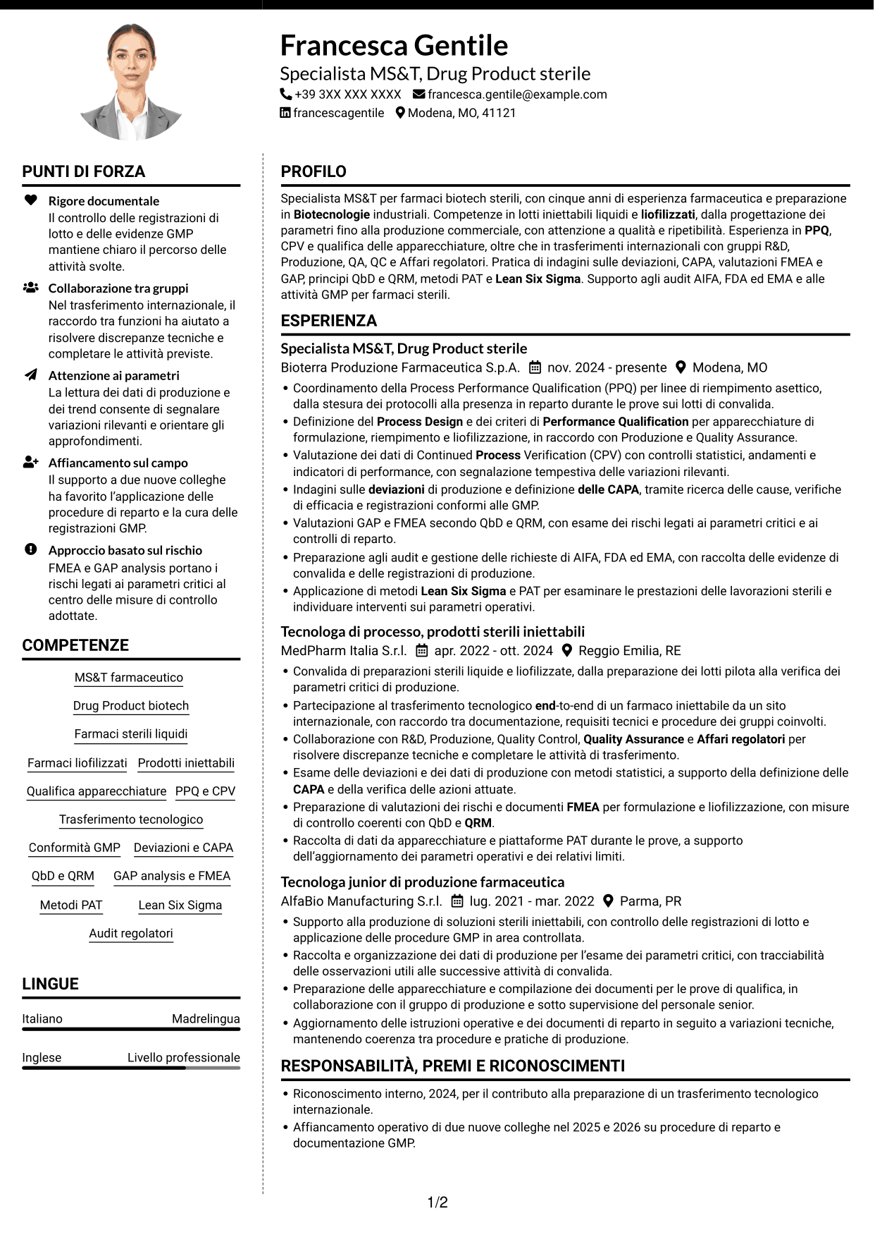 CV Moderno (formato a due colonne con foto a sinistra e separatore): SME di processo - Drug Product sterile e biotech, pagina 1