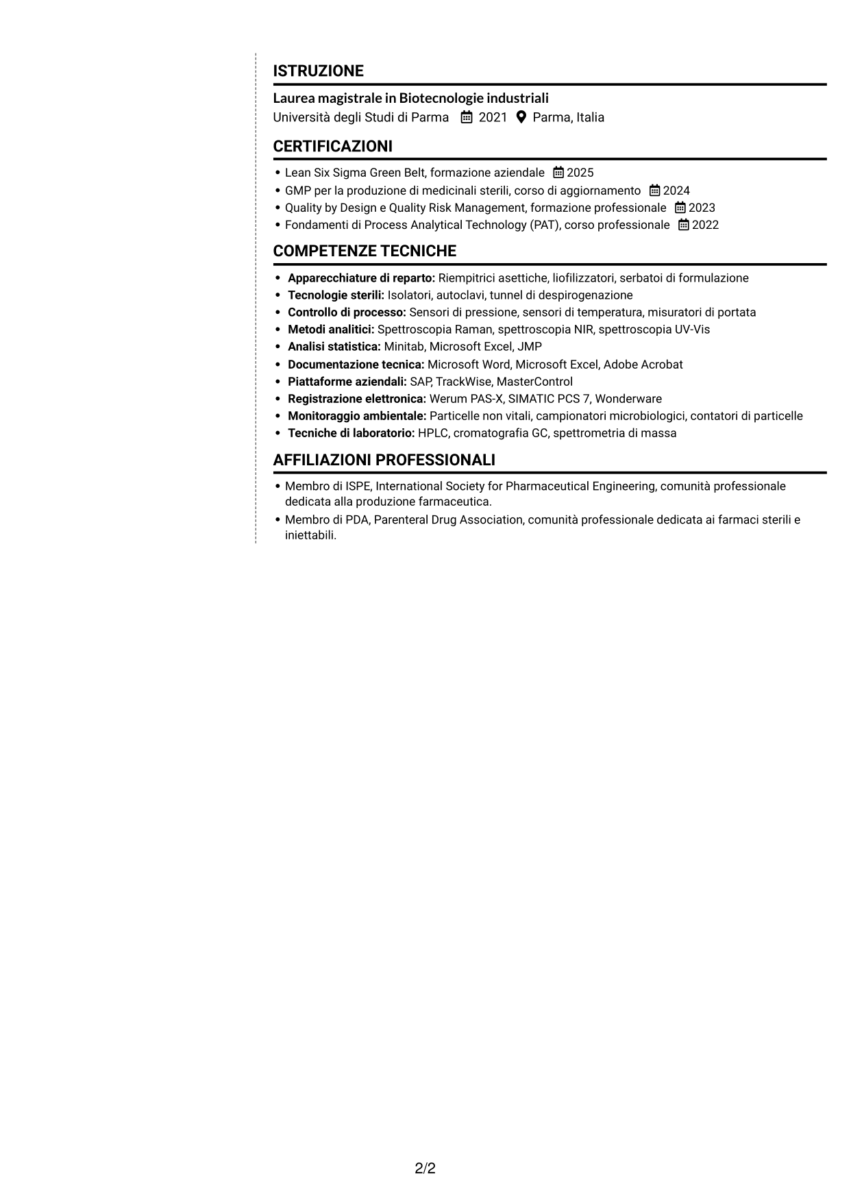 CV Moderno (formato a due colonne con foto a sinistra e separatore): SME di processo - Drug Product sterile e biotech, pagina 2