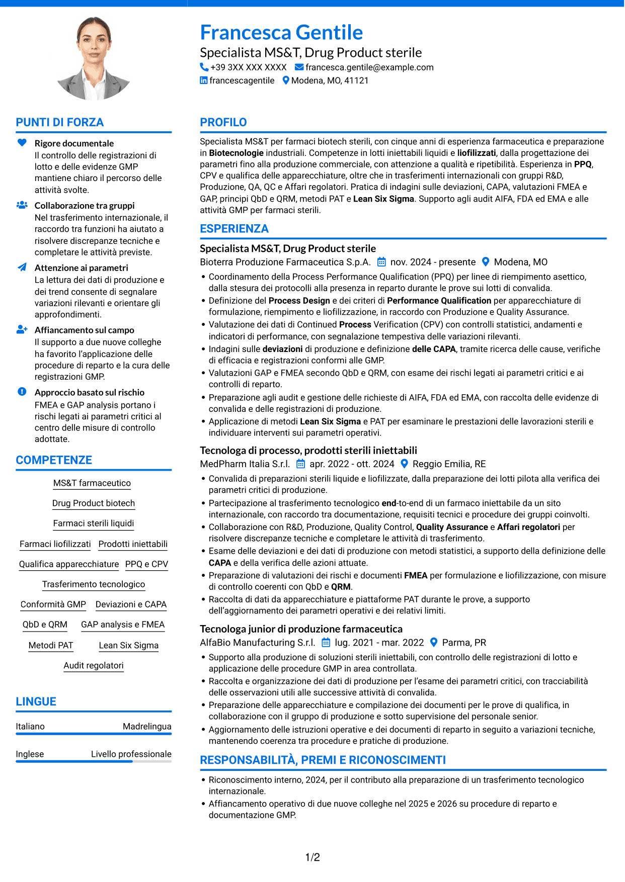 CV Audace (formato a due colonne con accenti colorati e foto): SME di processo - Drug Product sterile e biotech, pagina 1