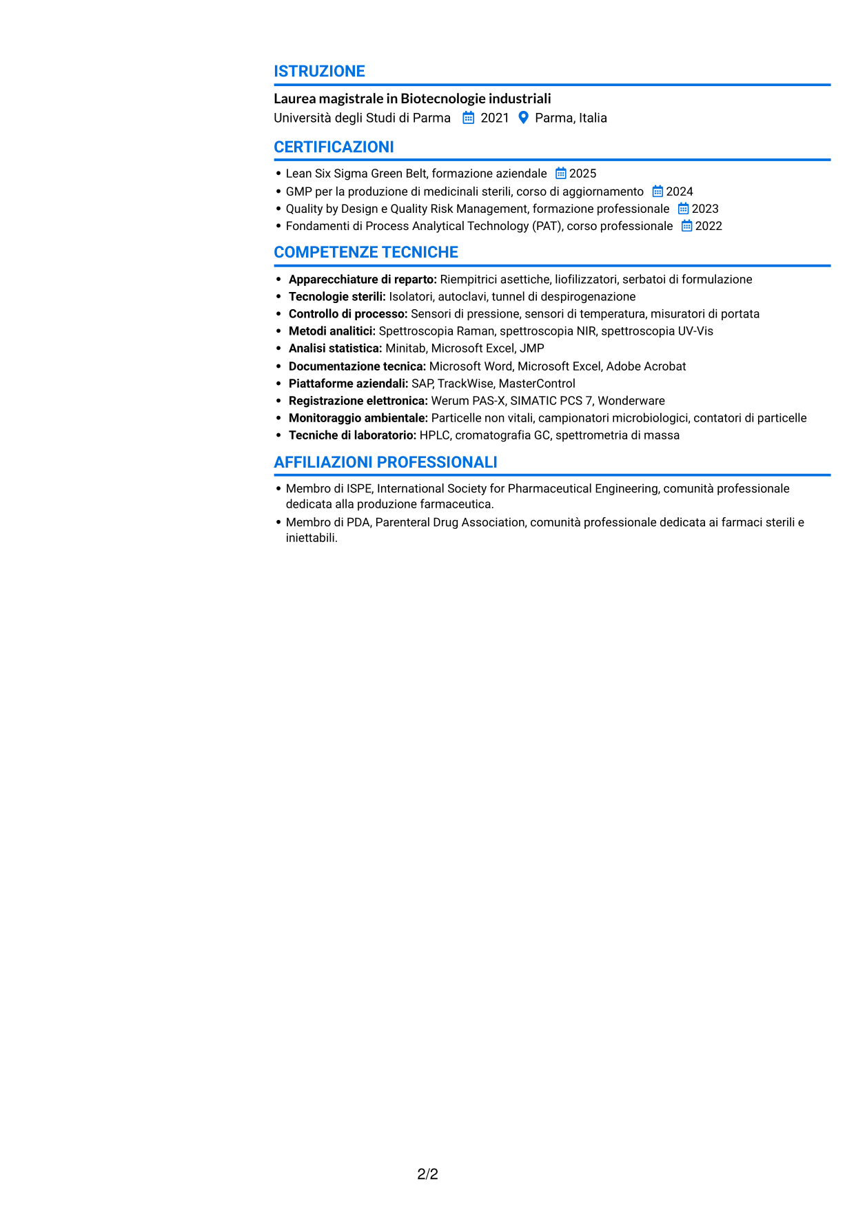 CV Audace (formato a due colonne con accenti colorati e foto): SME di processo - Drug Product sterile e biotech, pagina 2