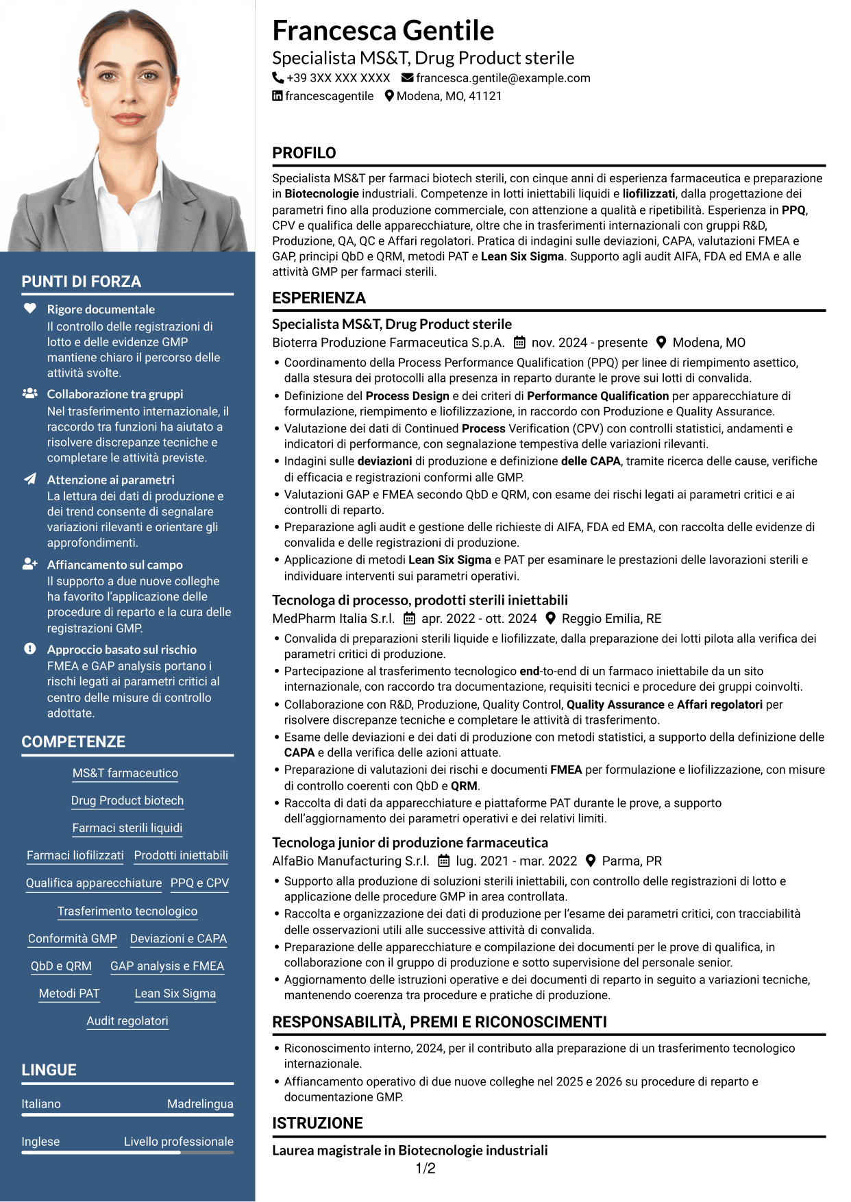 CV Signature (formato con colonna laterale colorata e foto grande): SME di processo - Drug Product sterile e biotech, pagina 1
