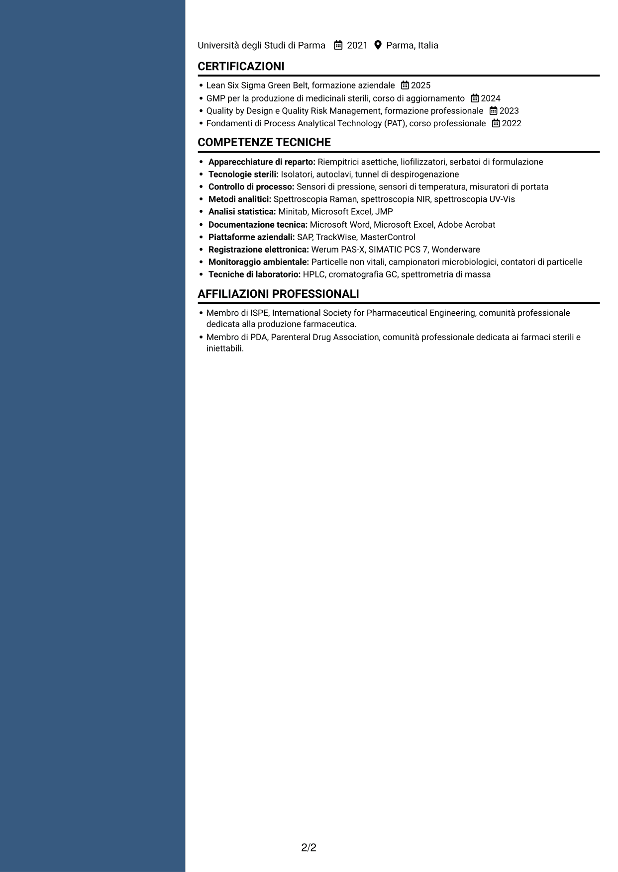 CV Signature (formato con colonna laterale colorata e foto grande): SME di processo - Drug Product sterile e biotech, pagina 2