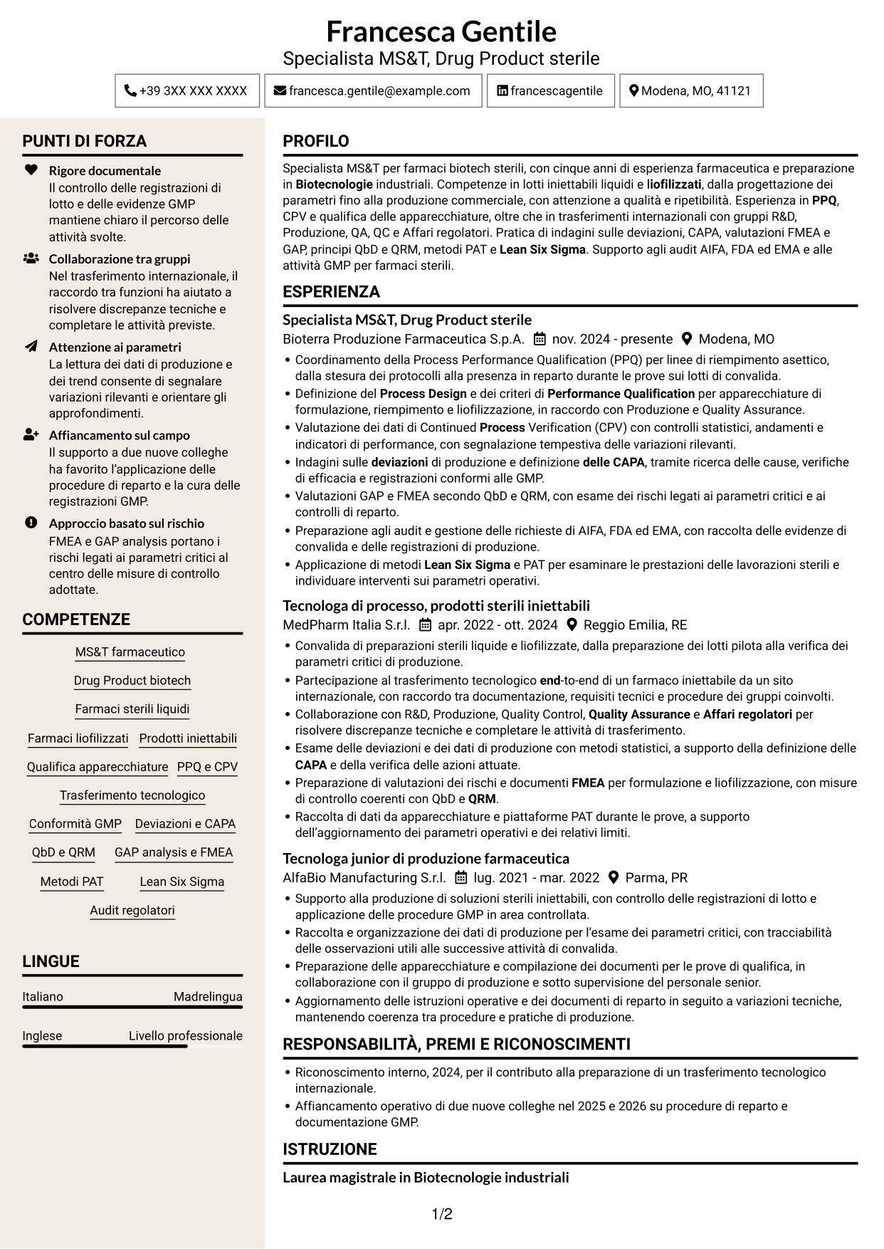 CV Intraprendente (formato a due colonne con intestazione centrata senza foto): SME di processo - Drug Product sterile e biotech, pagina 1