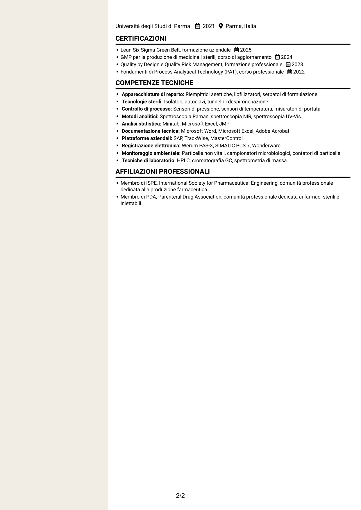 CV Intraprendente (formato a due colonne con intestazione centrata senza foto): SME di processo - Drug Product sterile e biotech, pagina 2