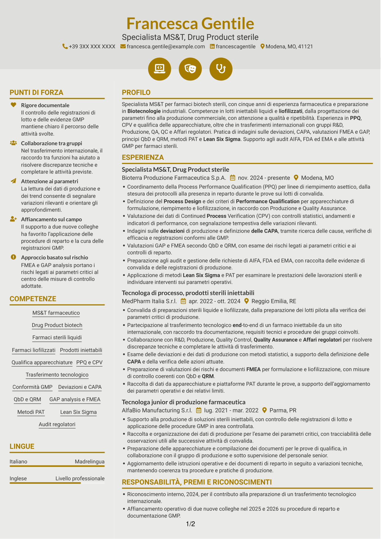 CV Dinamico (formato a due colonne con icone): SME di processo - Drug Product sterile e biotech, pagina 1