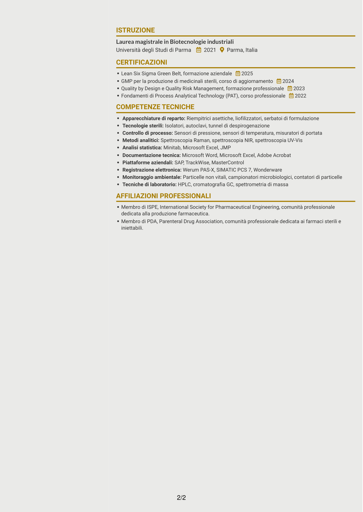 CV Dinamico (formato a due colonne con icone): SME di processo - Drug Product sterile e biotech, pagina 2