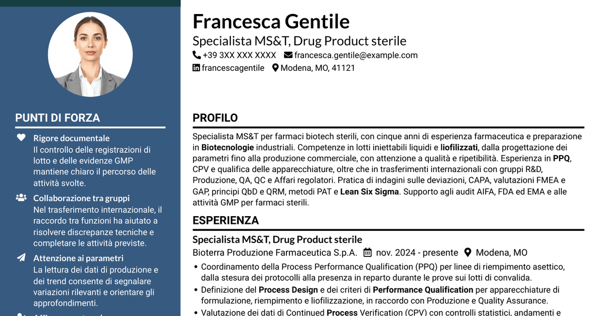 7 modelli di CV per SME di processo - Drug Product sterile e biotech, con esempi