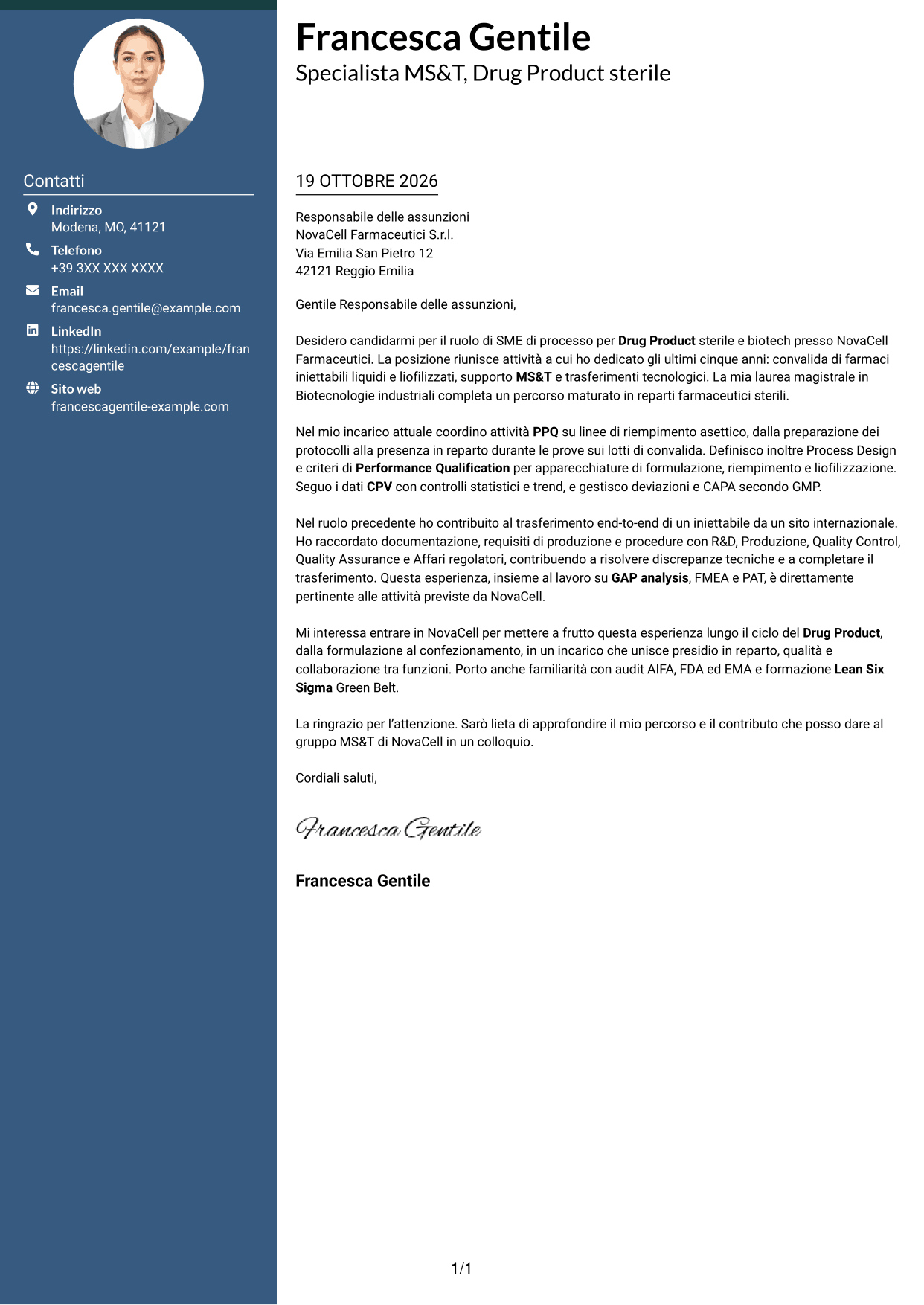 Lettera di presentazione Elegante (formato con colonna laterale colorata e foto): SME di processo - Drug Product sterile e biotech, pagina 1