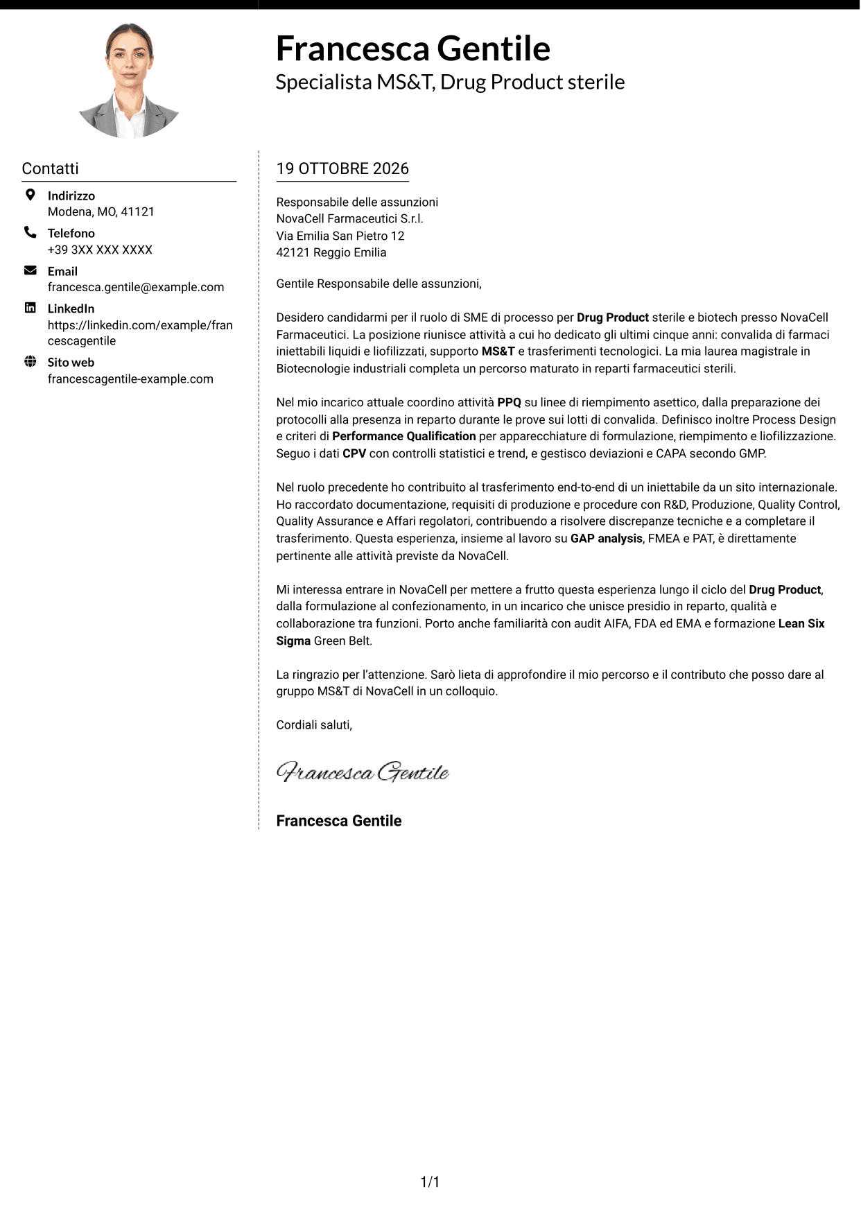 Lettera di presentazione Moderno (formato a due colonne con foto a sinistra e separatore): SME di processo - Drug Product sterile e biotech, pagina 1
