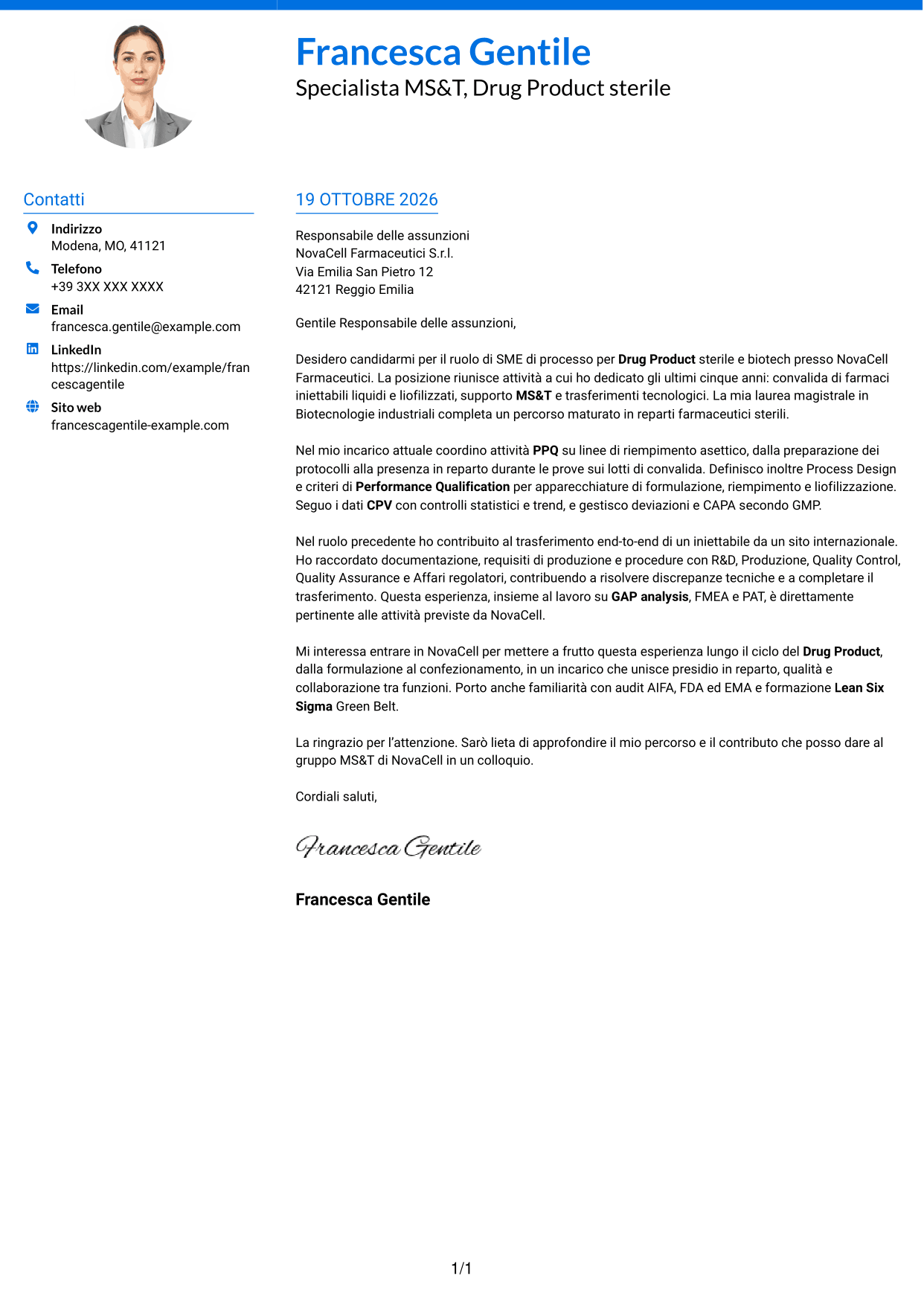 Lettera di presentazione Audace (formato a due colonne con accenti colorati e foto): SME di processo - Drug Product sterile e biotech, pagina 1
