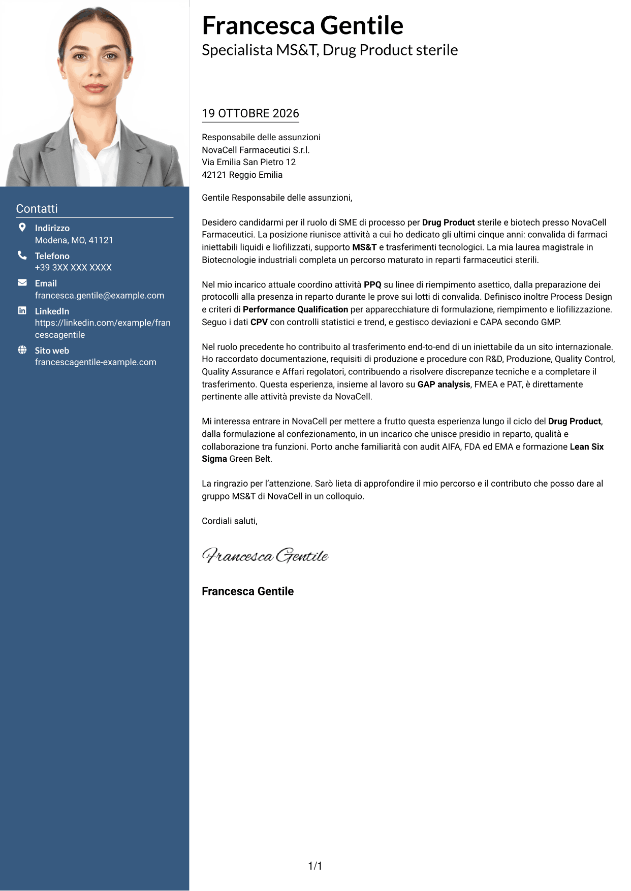Lettera di presentazione Signature (formato con colonna laterale colorata e foto grande): SME di processo - Drug Product sterile e biotech, pagina 1