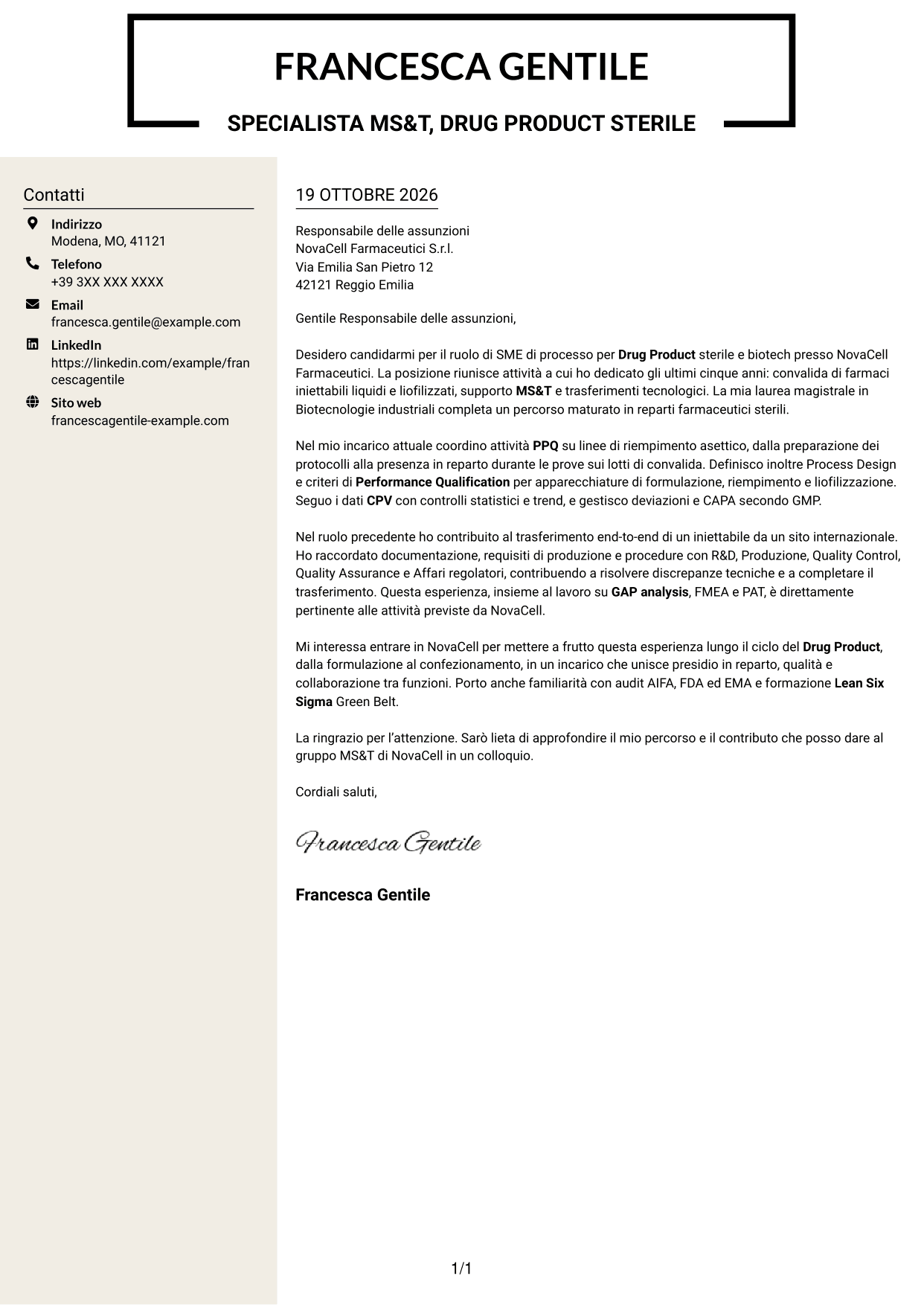Lettera di presentazione Intraprendente (formato a due colonne con intestazione centrata senza foto): SME di processo - Drug Product sterile e biotech, pagina 1