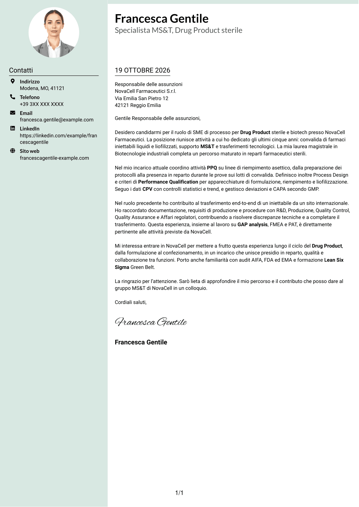 Lettera di presentazione Dirigente (formato con colonna laterale tenue e foto arrotondata): SME di processo - Drug Product sterile e biotech, pagina 1