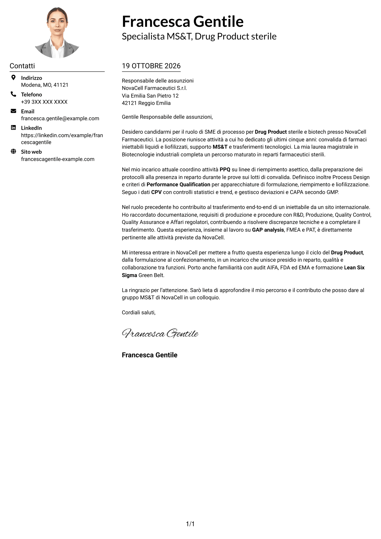 Esempio di lettera di presentazione — pagina 1