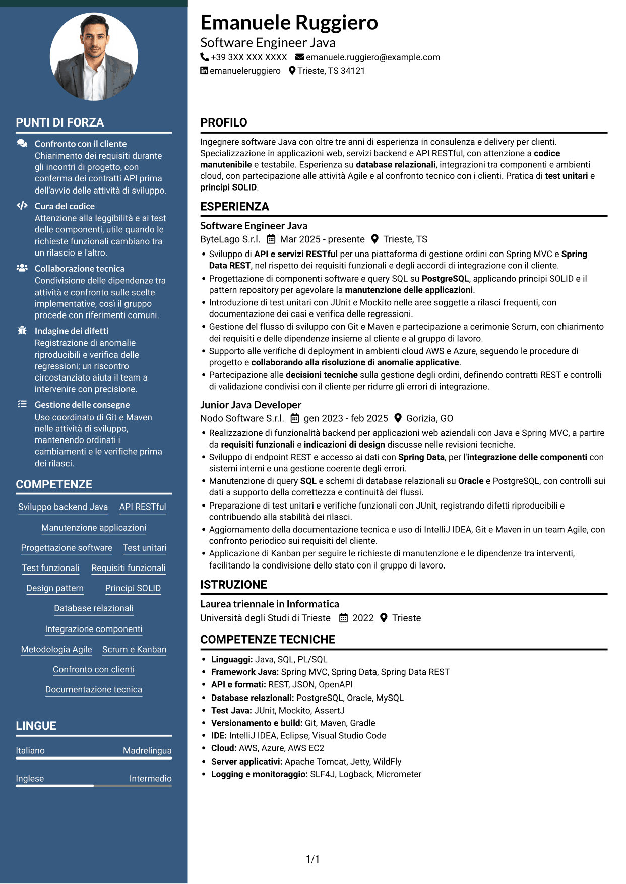 CV Elegante (formato con colonna laterale colorata e foto): Software Engineer - Java o .NET, pagina 1