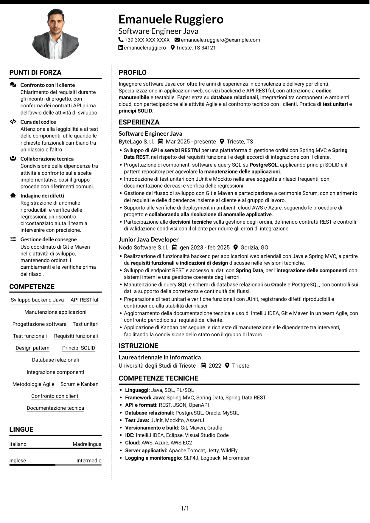 CV Moderno (formato a due colonne con foto a sinistra e separatore): Software Engineer - Java o .NET, pagina 1