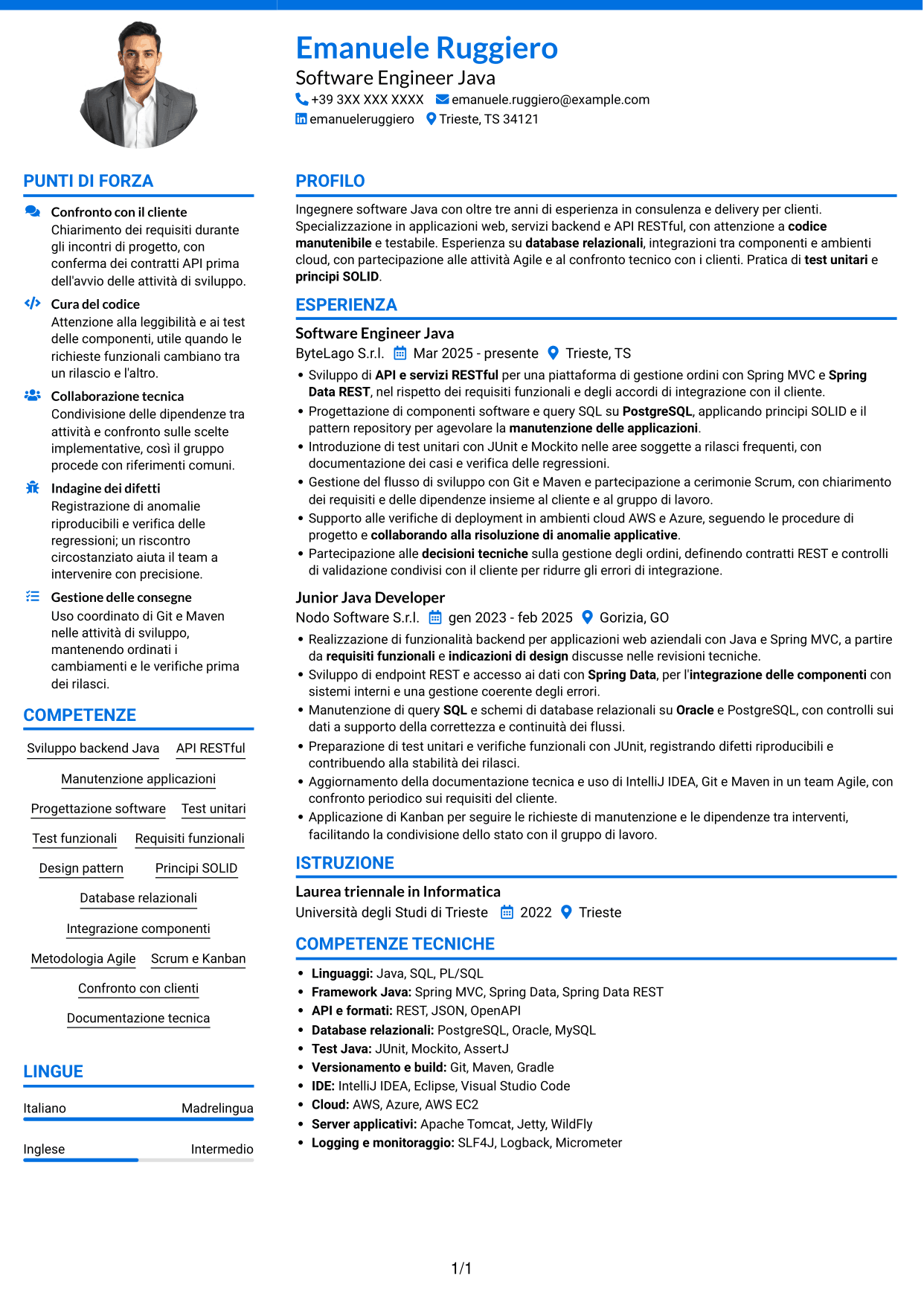 CV Audace (formato a due colonne con accenti colorati e foto): Software Engineer - Java o .NET, pagina 1